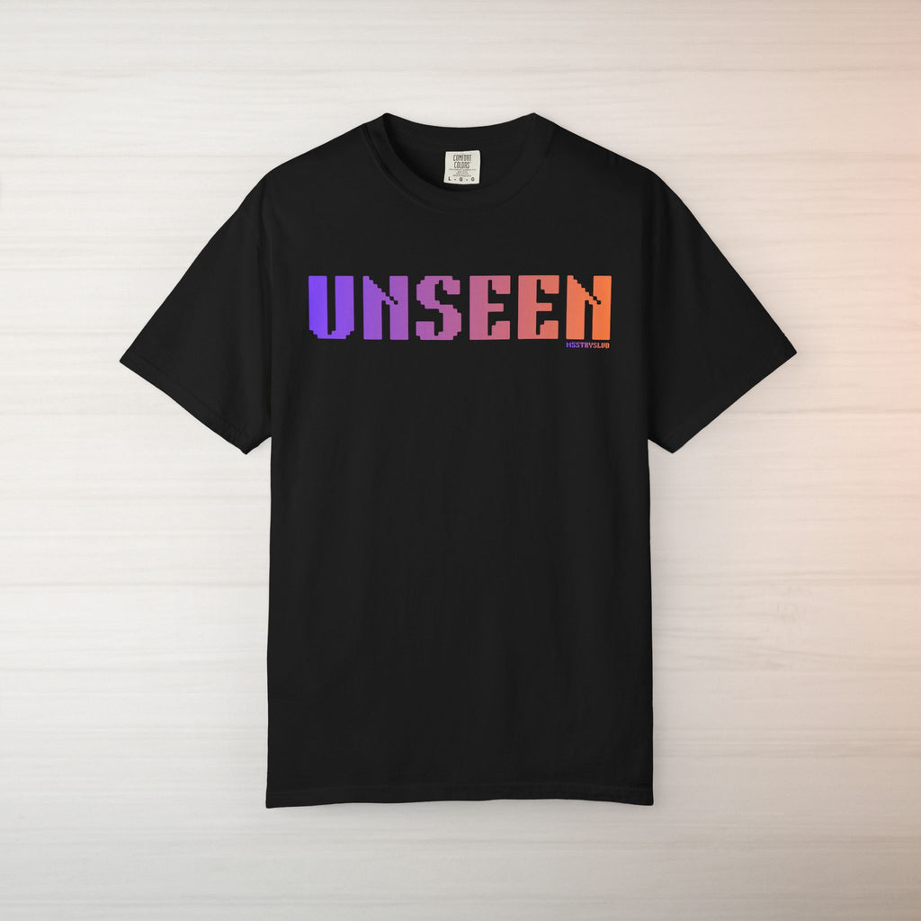 UNSEEN Graphic T Shirt Aesthetic Streetwear Tee, Retro Pixel Unisex Minimal Typography Statement Shirt, Travel Pastel Fashion Top