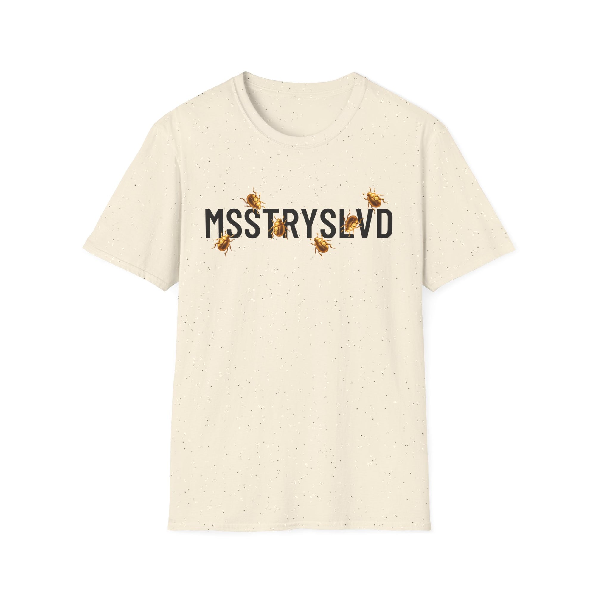 MSSTRYSLVD Golden Beetle T-Shirt – Graphic Tee, Aesthetic Mystery Shirt, Bold Typography Unisex Top, Cryptic Insect Design