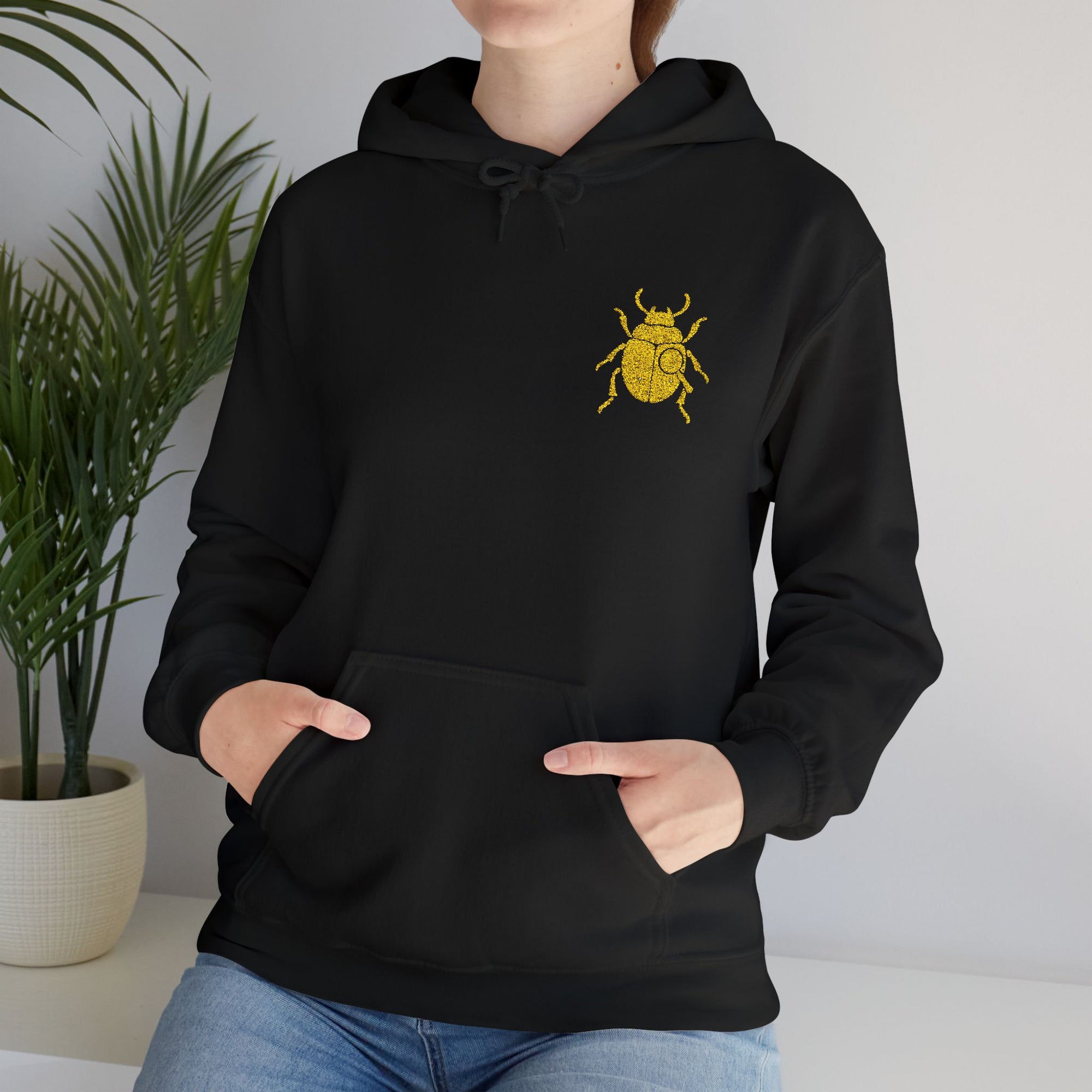 Gold Beetle Embroidered Hoodie – Futuristic Steampunk Insect, Unique Golden Bug Fashion Top | Unisex Heavy Blend Hooded Sweatshirt
