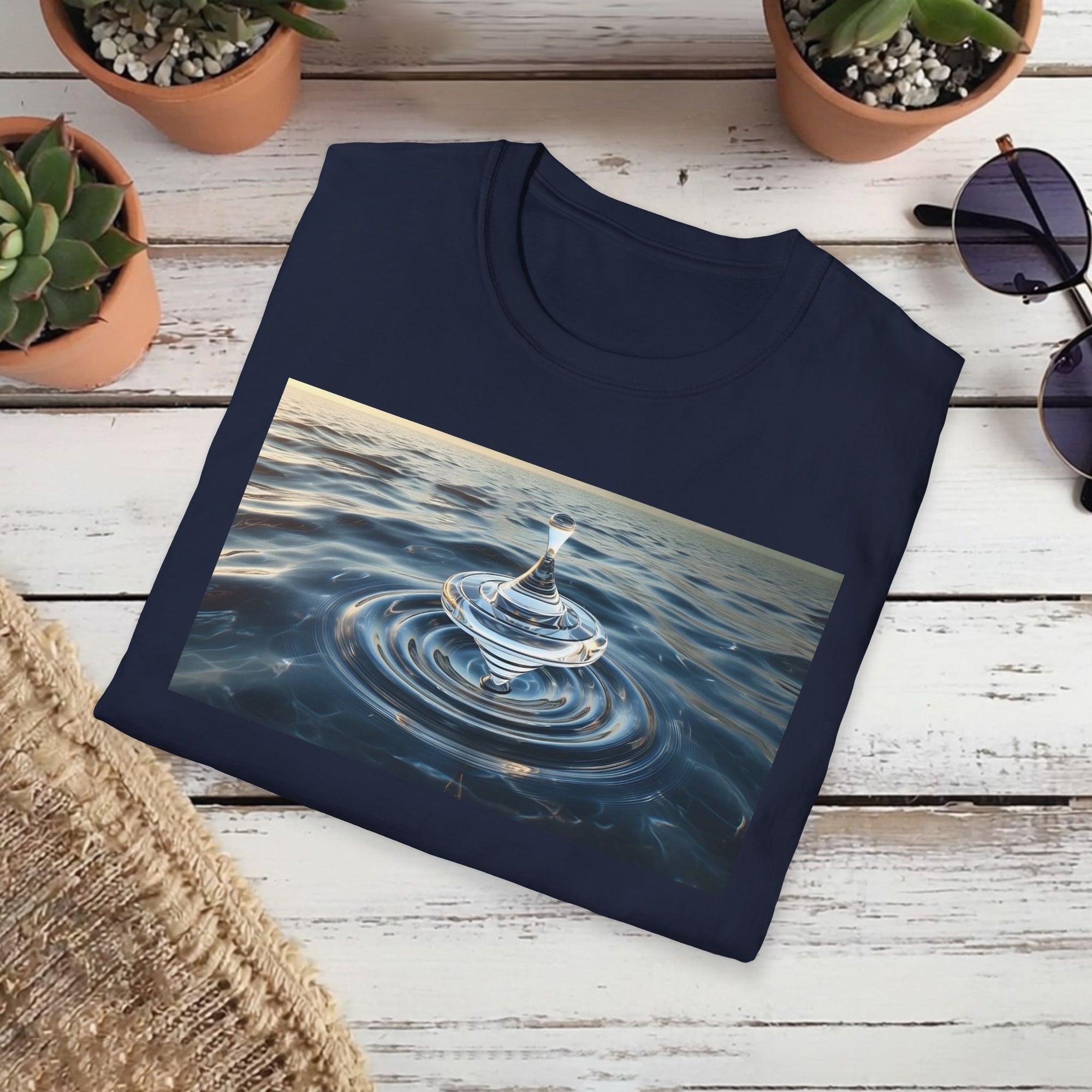 Glass Balance T-Shirt – Surreal Spinning Top Over Water | Reflective Zen Aesthetic Tee
