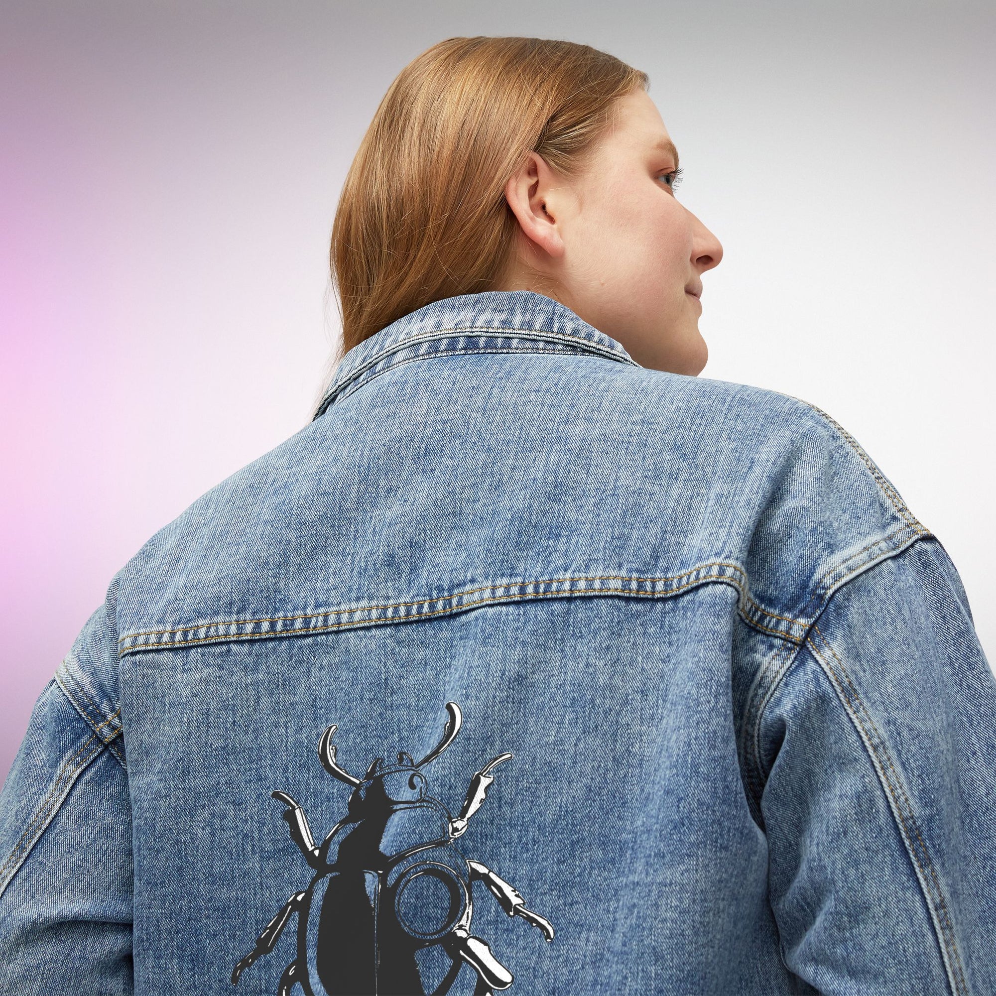 Women Beetle Back Denim Jacket For Her | Graphic Insect Art Jean Jacket | Unisex Statement Outerwear | Mystery Bold Aesthetic Streetwear
