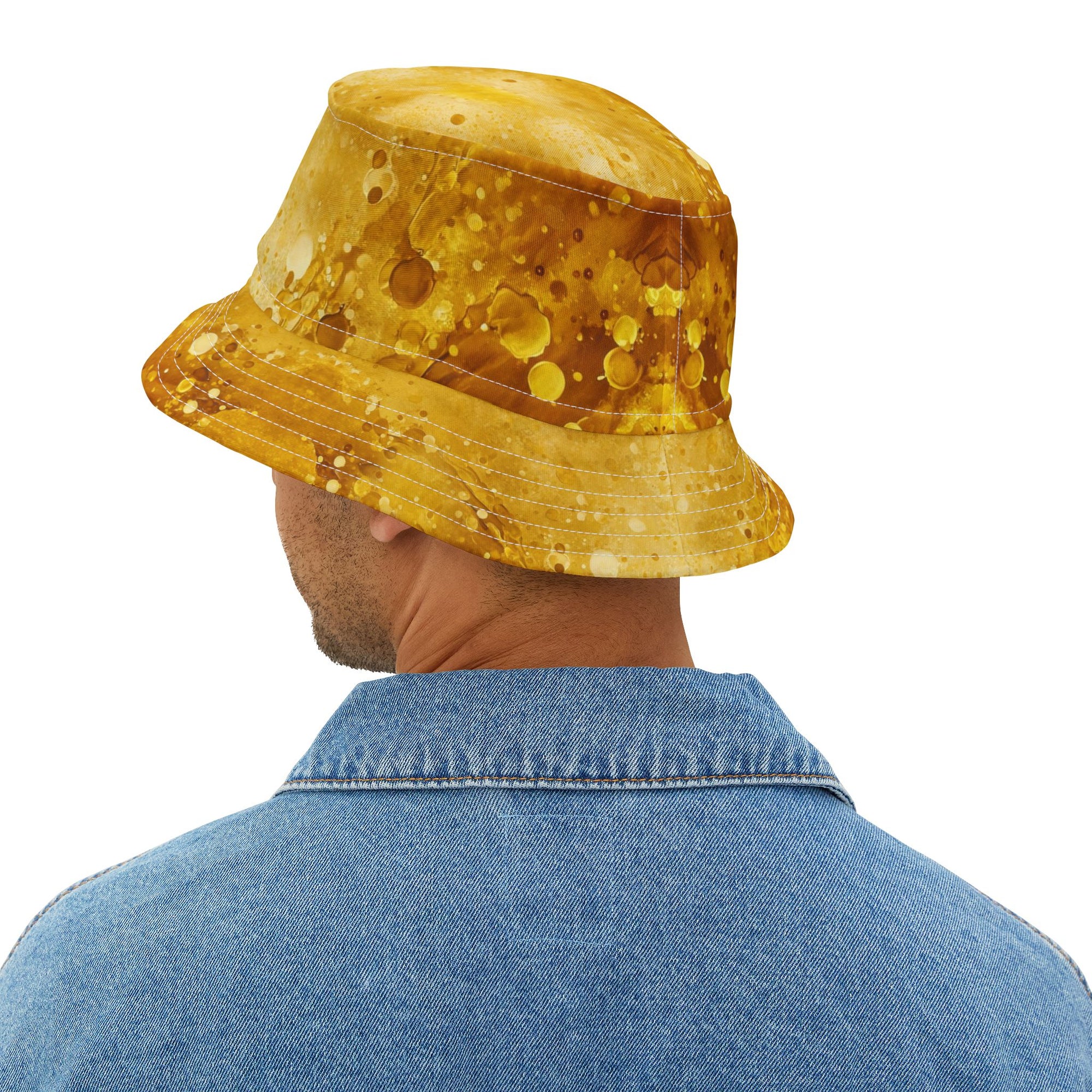 GOLD Color Splash Bucket Hat | Bold Streetwear Gold Beetle & Gold Splatter Pattern | Unisex Festival Hat