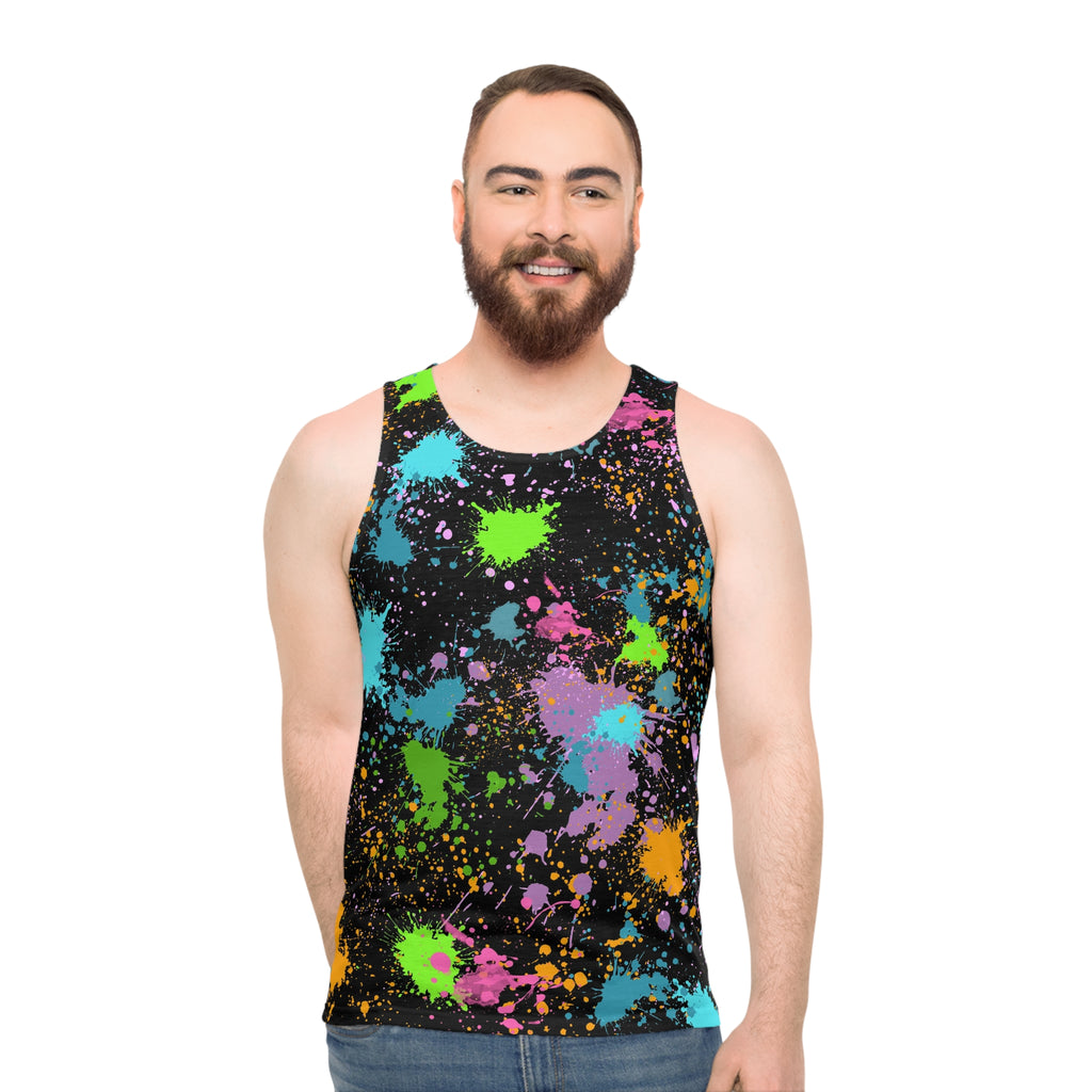 Unisex Tank Top Neon Paint Splatter | Colourful Graphic Top Festival Rave Streetwear