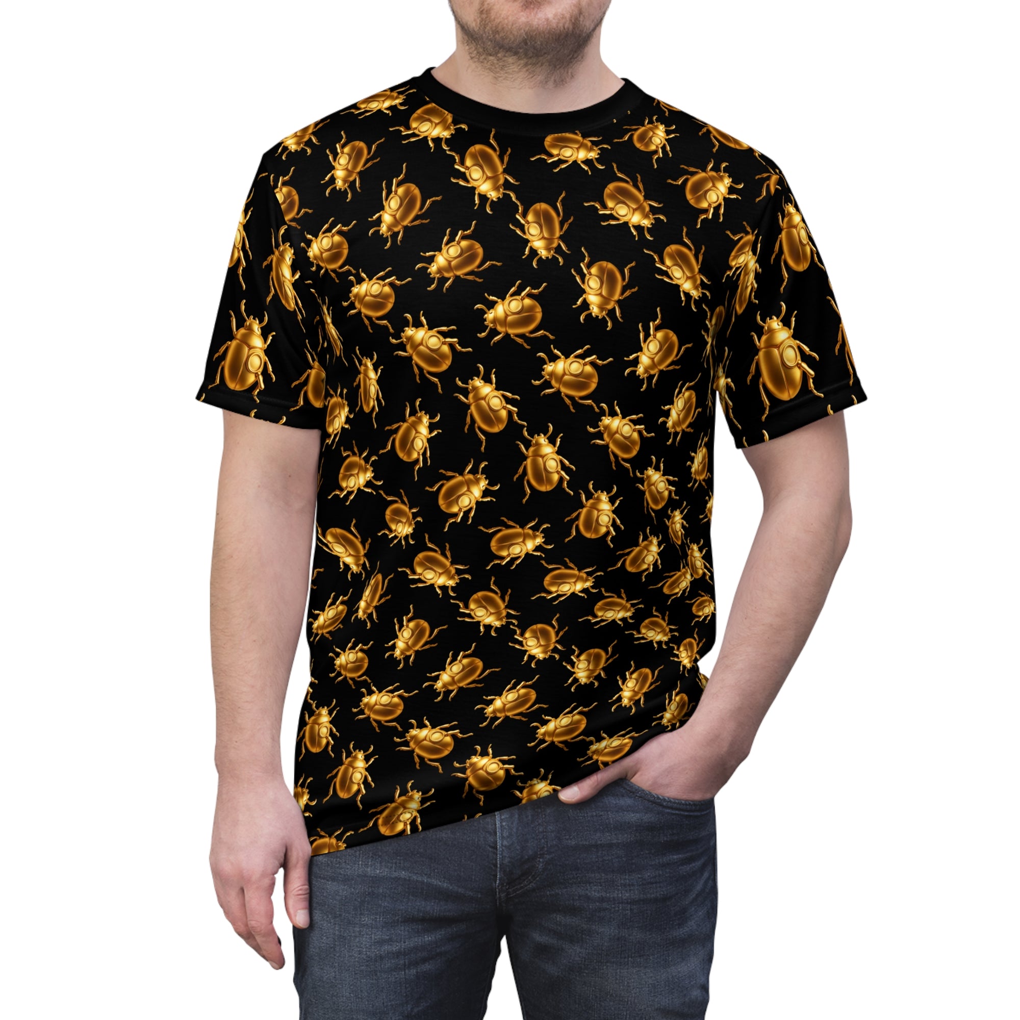 Golden Beetle T-Shirt II – Scarab Pattern Tee, Bold Full Graphic Shirt, Streetwear Unisex Cut & Sew Tee