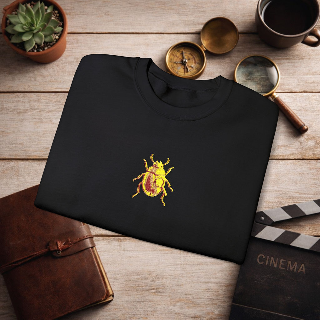 Embroidered Golden Beetle Sweatshirt | Minimal Mystery Insect Design | Unisex Long Sleeve Crewneck | Retro Aesthetic Streetwear