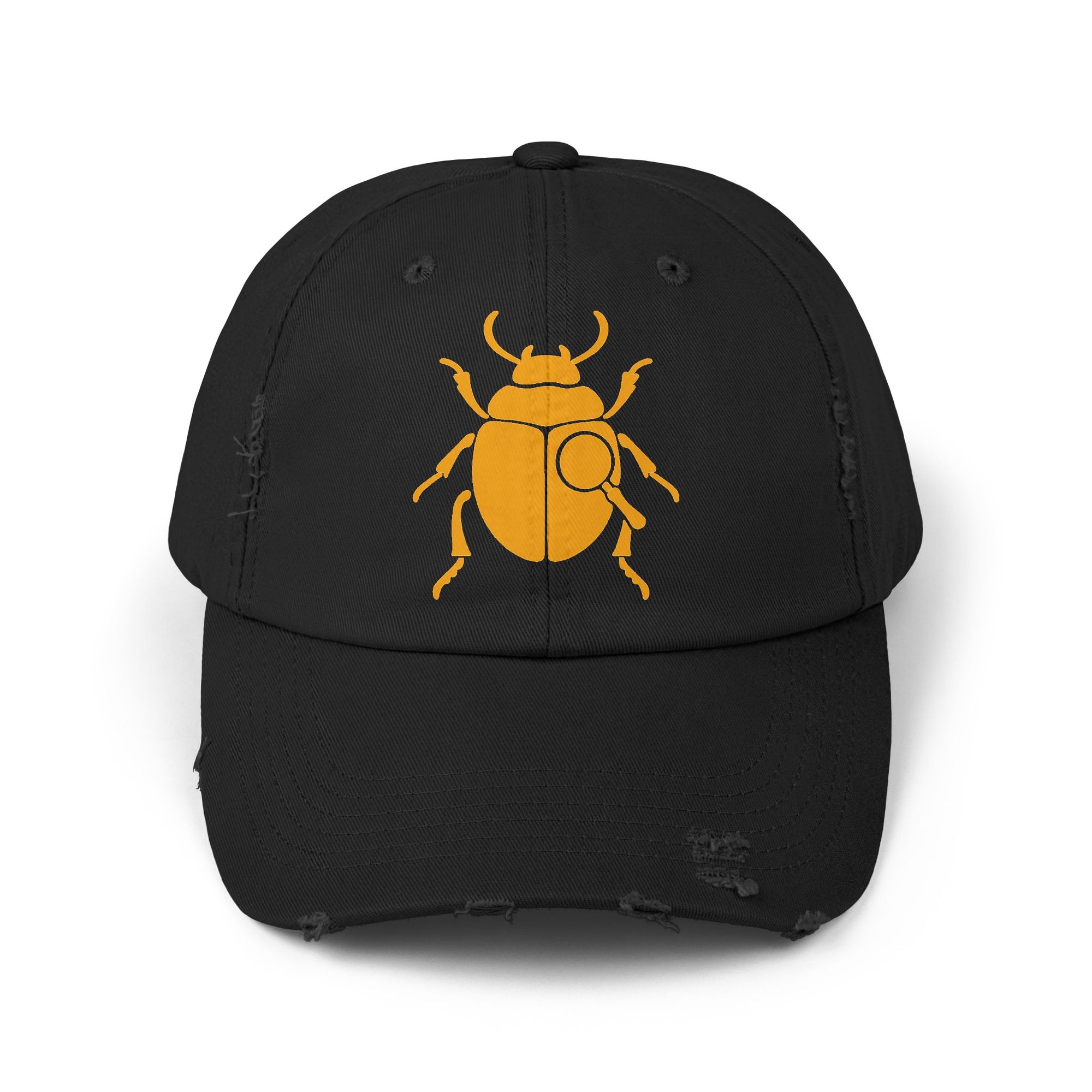 Classic Unisex Distressed Cap with Gold Beetle Embroidery – Retro Bug Design, Cool Streetwear Golden Insect Aesthetic Cap