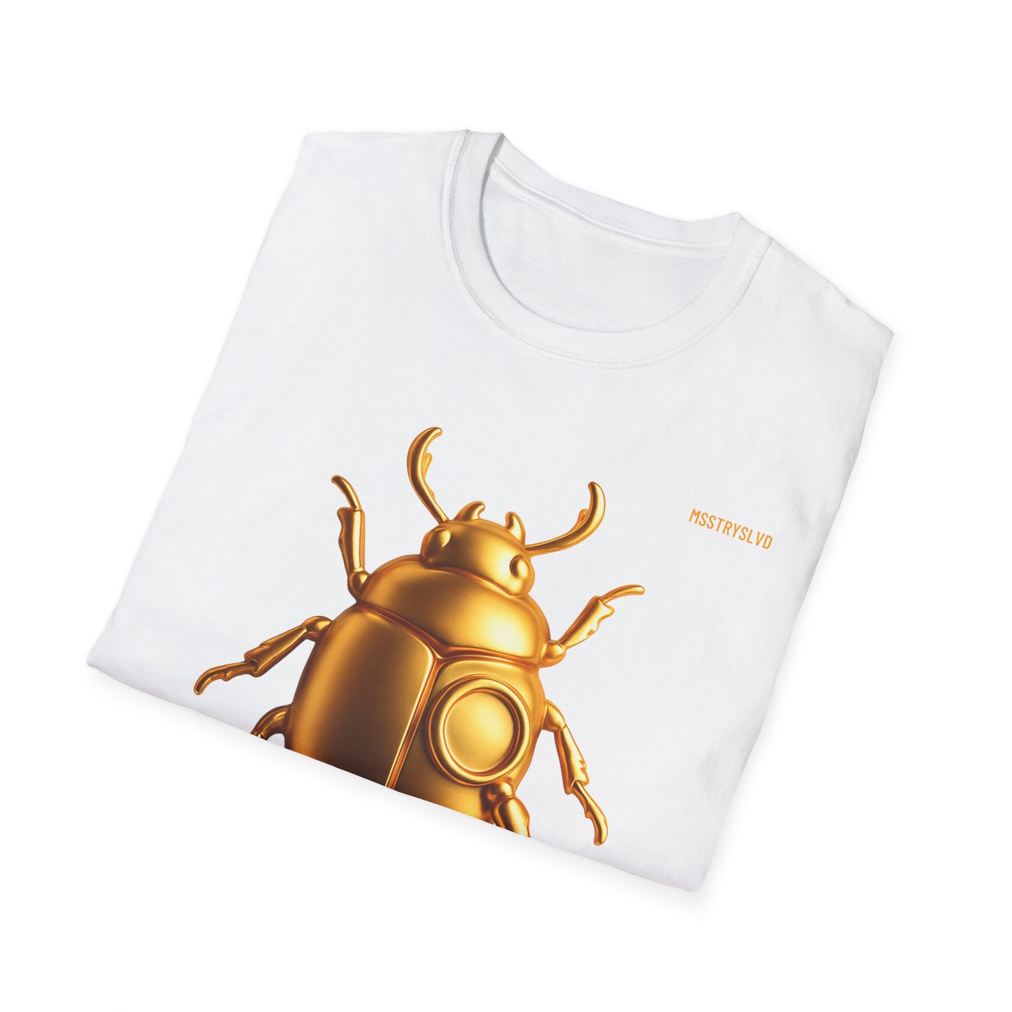 Gold Scarab Beetle T-Shirt – Futuristic Metallic Insect Graphic Print Tee | Golden Beetle Mystery | Streetwear Unisex T-Shirt