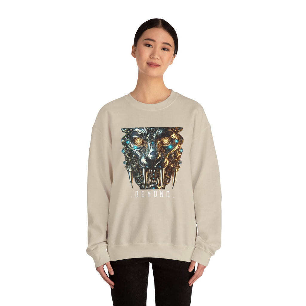 Beyond Cyber Wolf Sweatshirt | Futuristic Mechanical Wolf Graphic Crewneck, Sci-Fi Streetwear Unisex Jumper