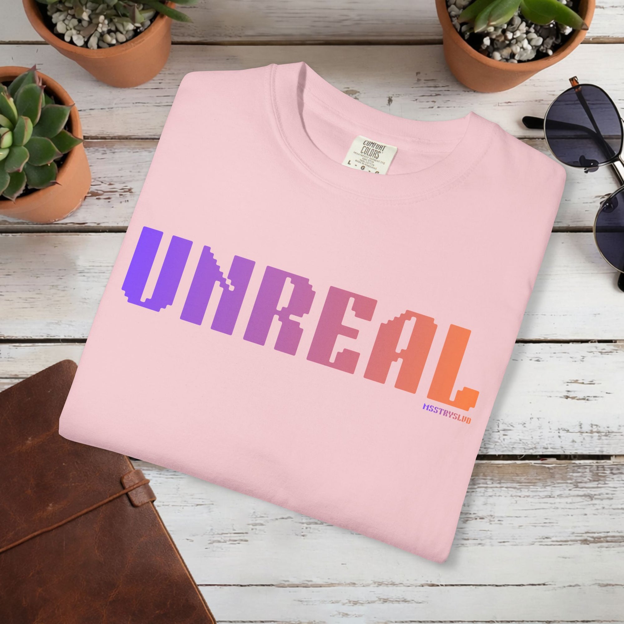 UNREAL Graphic T Shirt Aesthetic Streetwear Tee, Unisex Minimal Typography Shirt, Soft Pastel Fashion Top