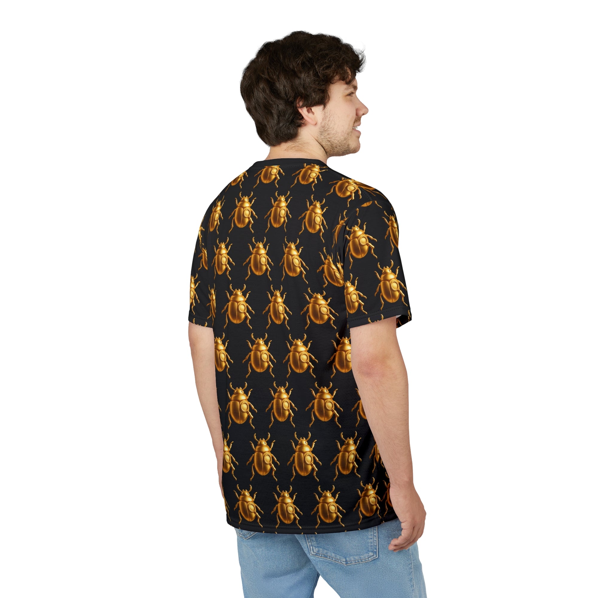 Golden Beetle T-Shirt – Scarab Pattern Tee, Bold Full Graphic Shirt, Streetwear Unisex Cut & Sew Tee