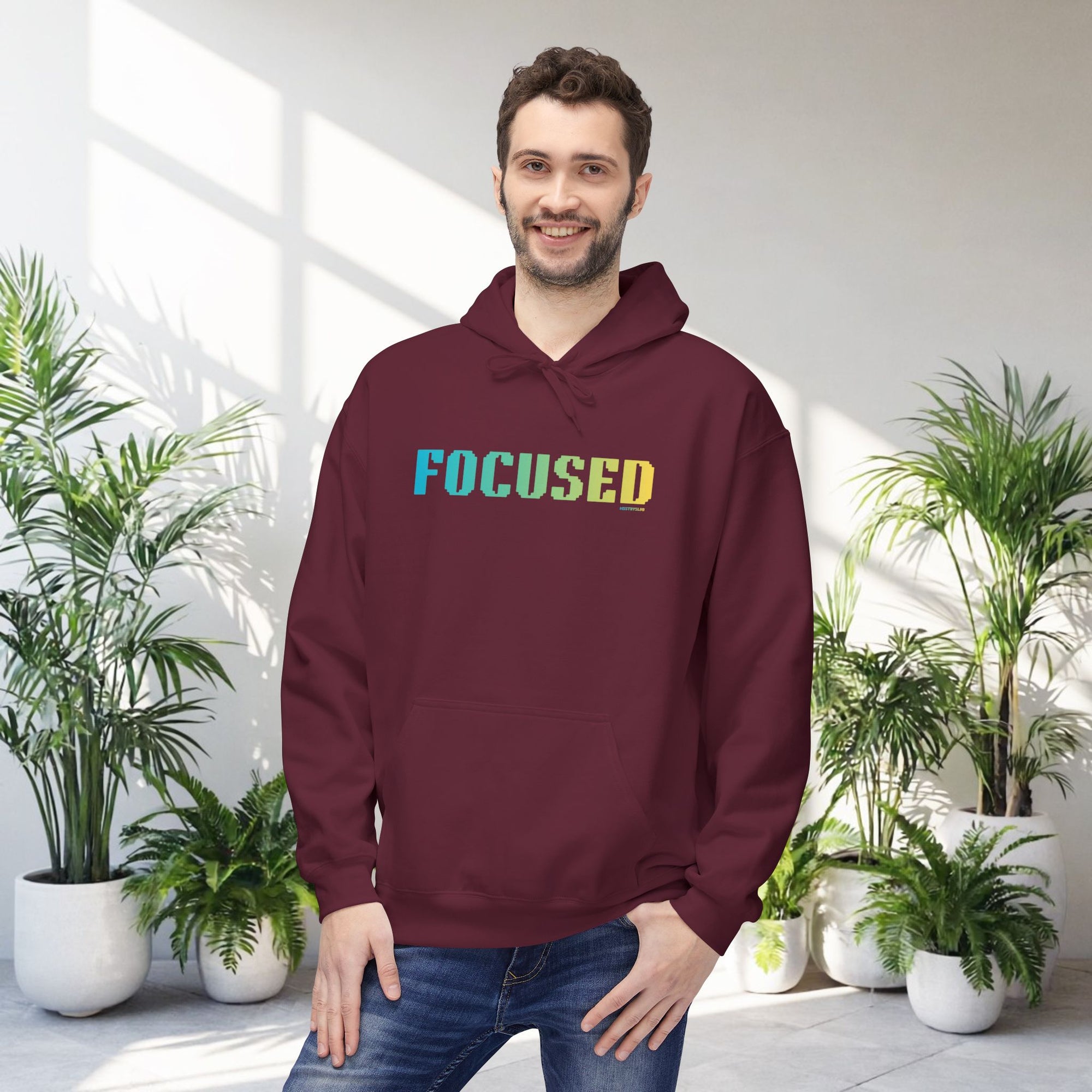 Focused Bold Big Quote Hoodie | Bold Colorful Print Retro Graphic Pullover