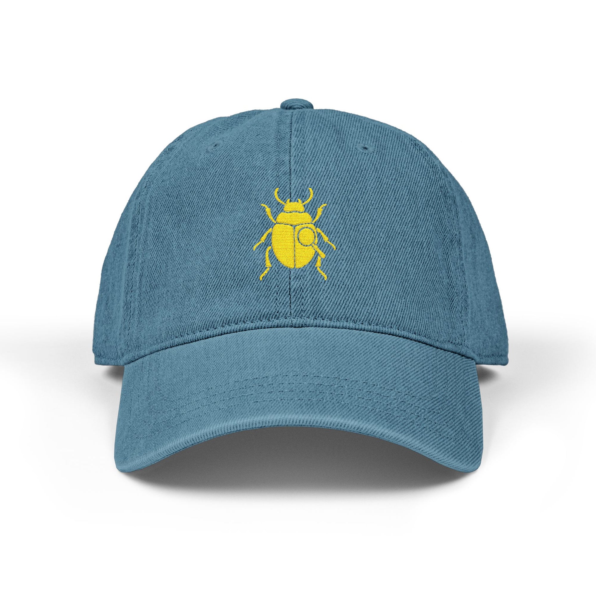 Denim Cap with Gold Beetle Embroidery – Retro Bug Design, Cool Streetwear Golden Insect Aesthetic Cap