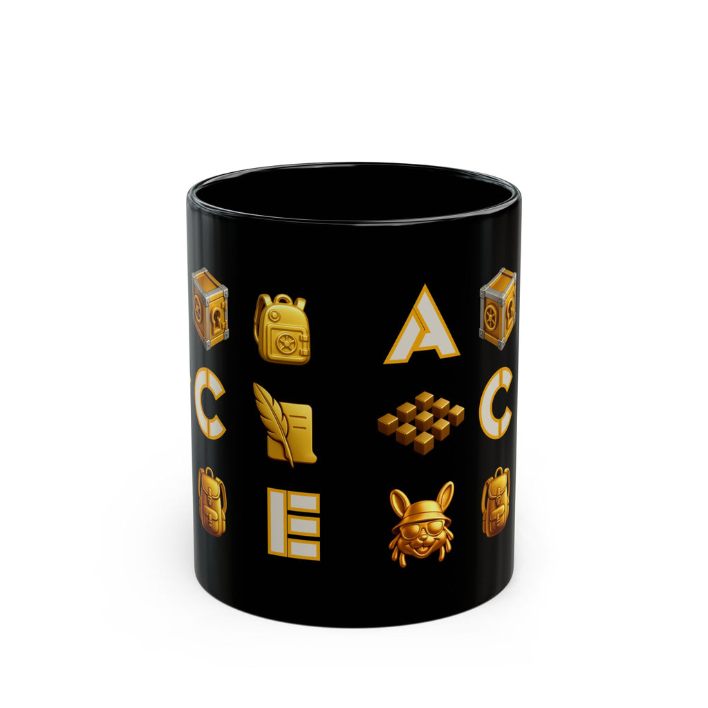 ACE Black Mug Golden Vault Game Symbols, Retro Gamer Puzzle Graphic Coffee Cup