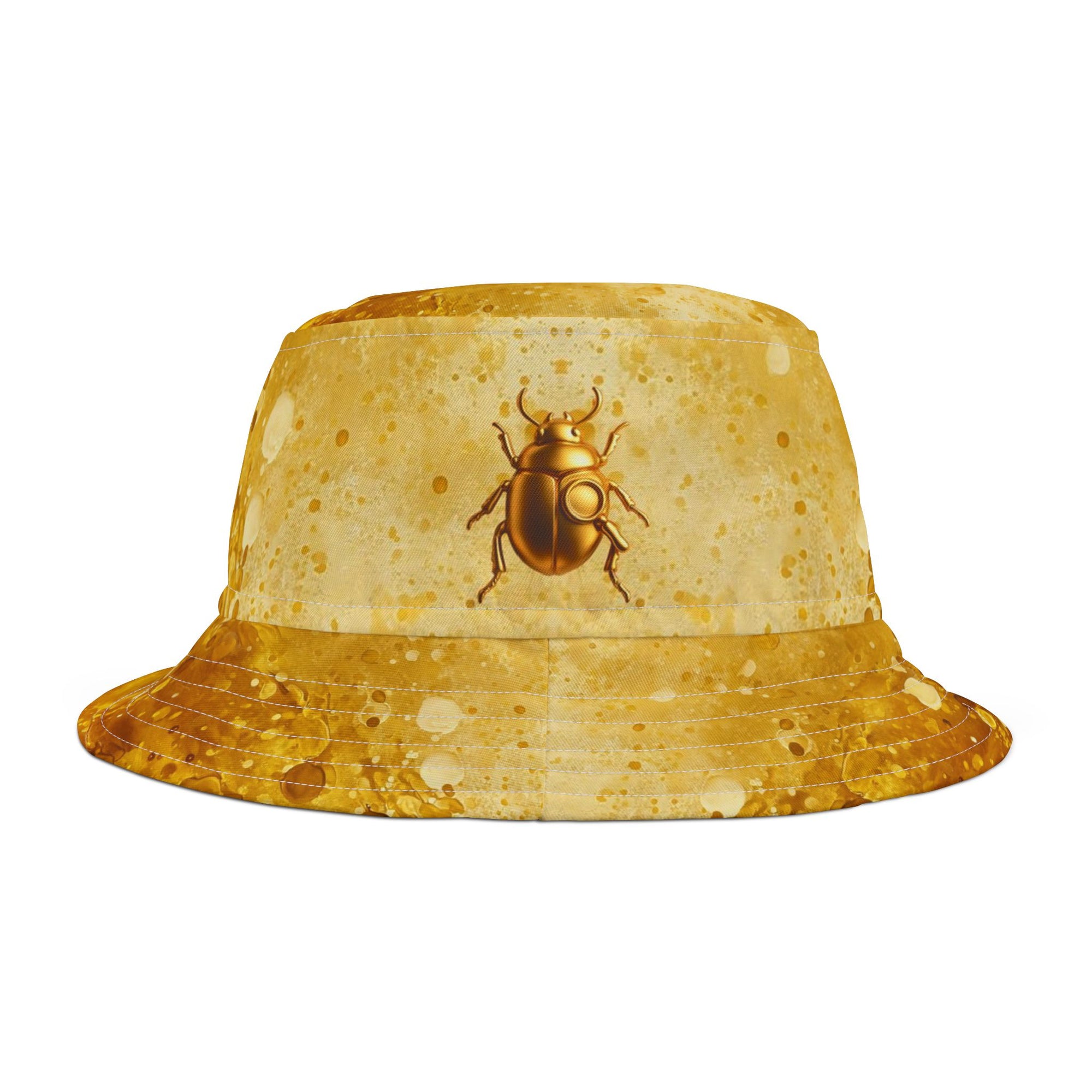 GOLD Color Splash Bucket Hat | Bold Streetwear Gold Beetle & Gold Splatter Pattern | Unisex Festival Hat