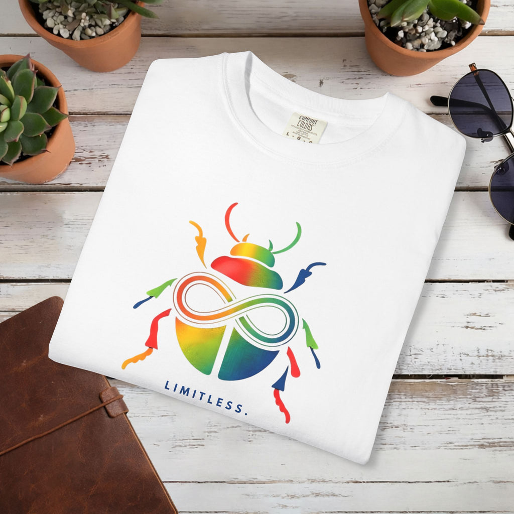 Limitless Beetle T Shirt | Infinity Symbol Graphic Tee | Colorful Scarab Art Shirt | Motivational Streetwear T-Shirt | Unisex Tee