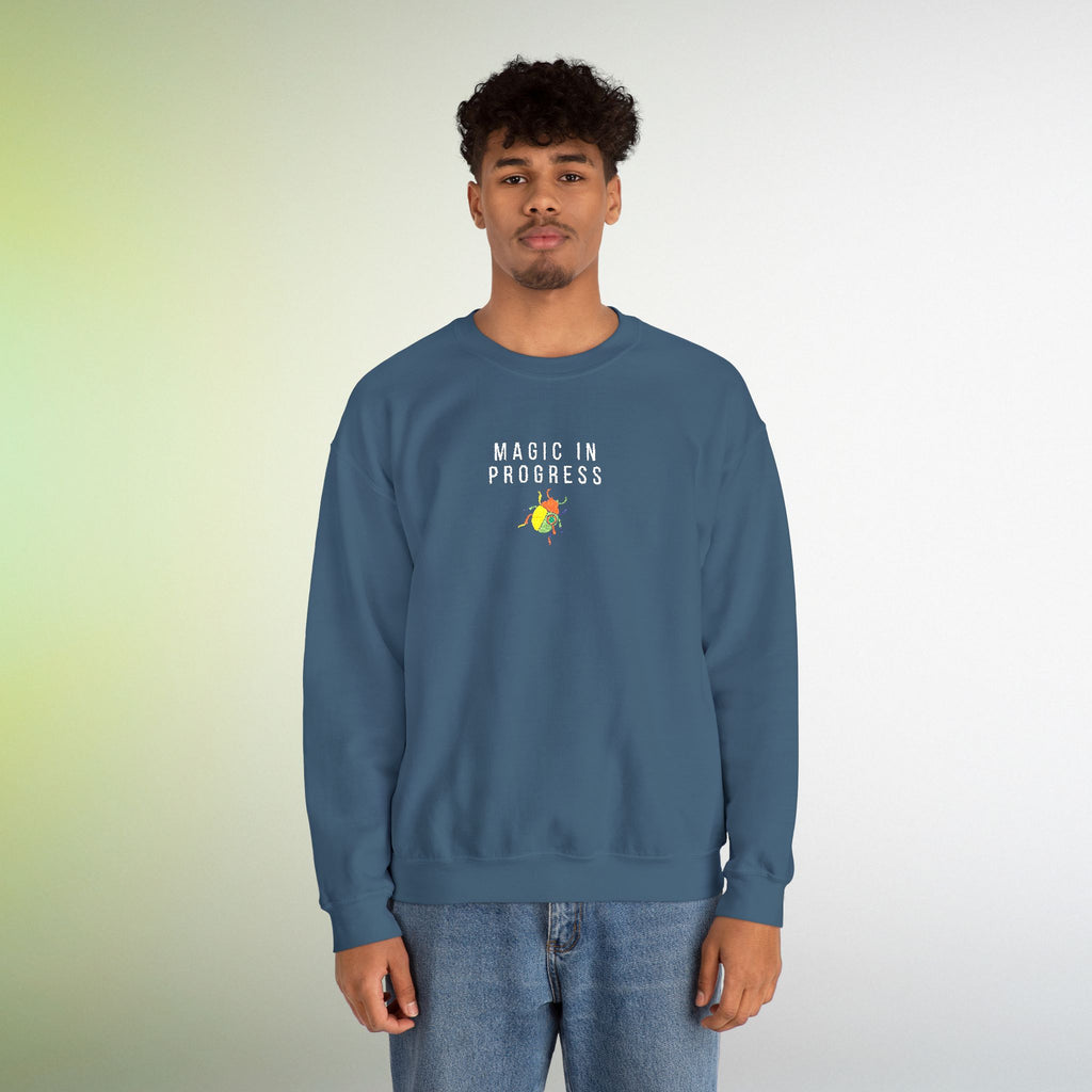 Magic in Progress Embroidered Sweatshirt | Minimal Motivational Crewneck, Premium Unisex Embroidery, Cozy Everyday Wear