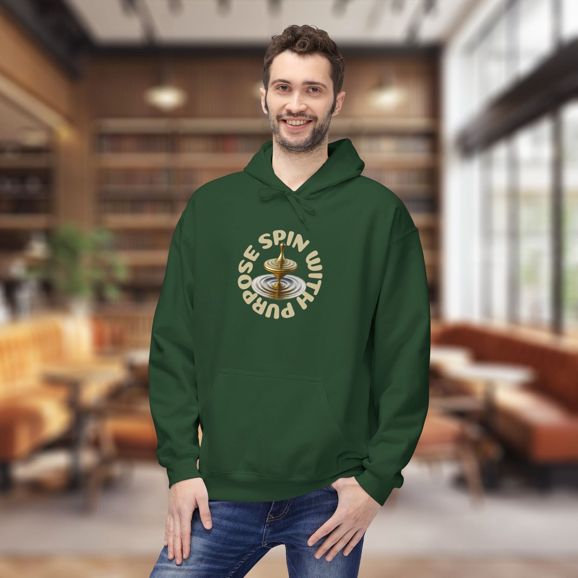 Spin With Purpose Hoodie – Mindful Motivation Streetwear | Gold Spinning Top Design