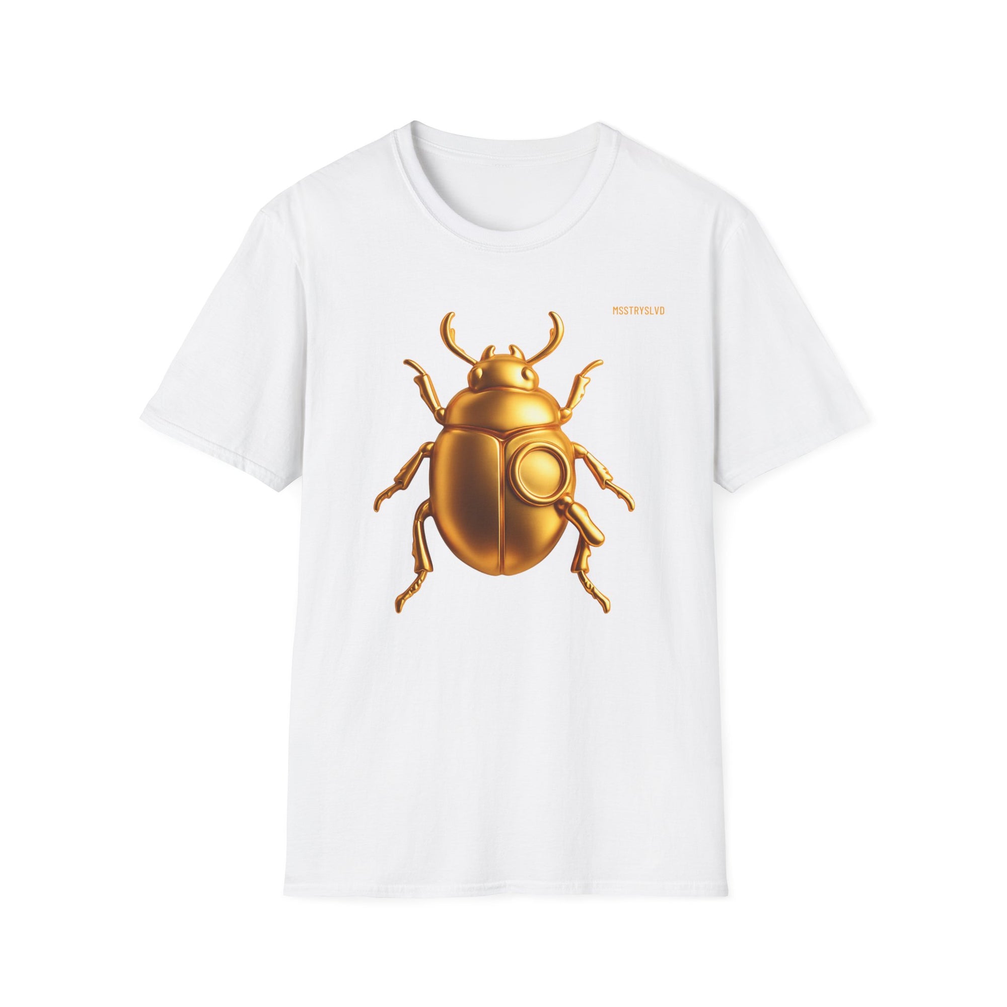 Gold Scarab Beetle T-Shirt – Futuristic Metallic Insect Graphic Print Tee | Golden Beetle Mystery | Streetwear Unisex T-Shirt