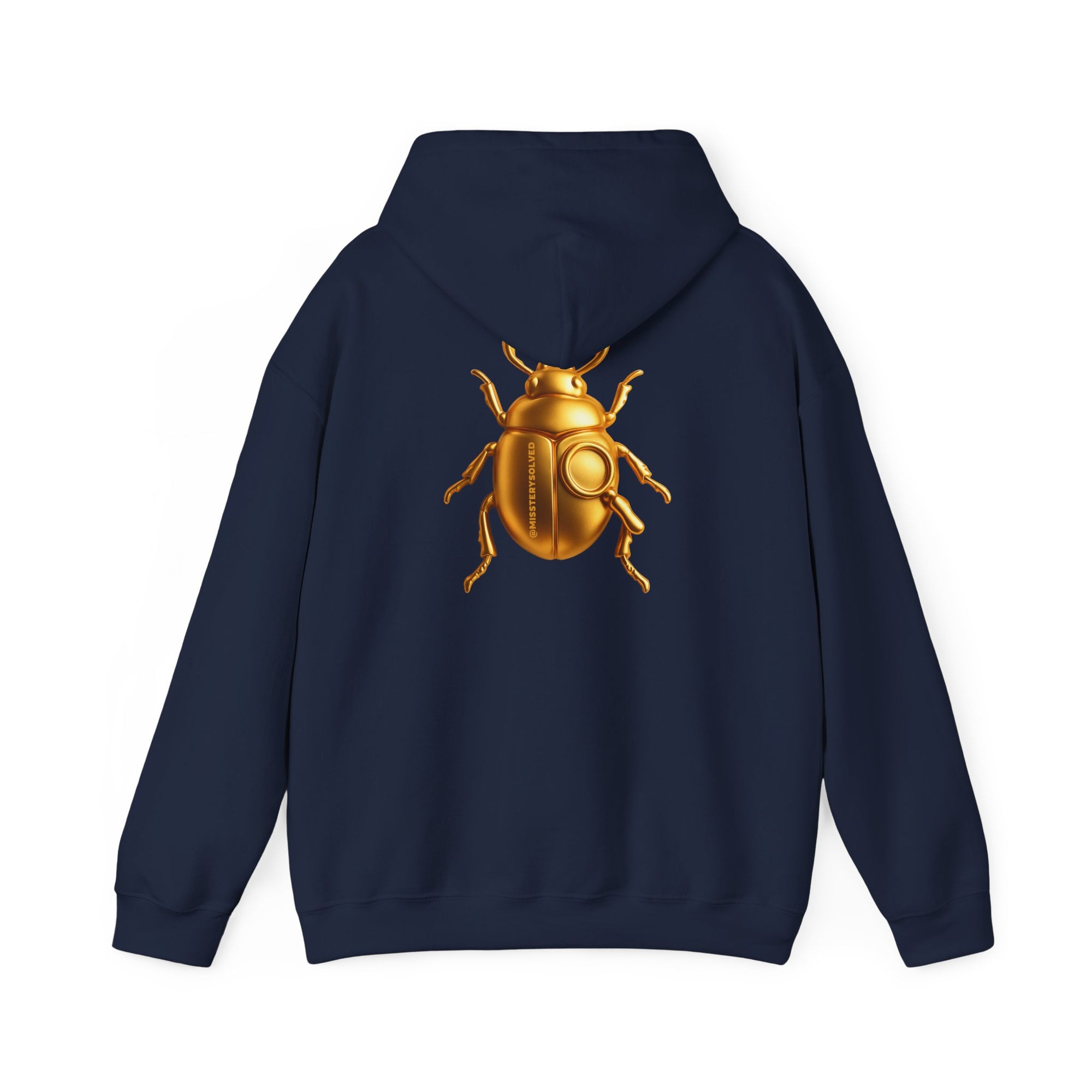 Gold Scarab Beetle Hoodie – Futuristic Steampunk Insect | Unisex Heavy Blend Hooded Sweatshirt Front and Back Graphic