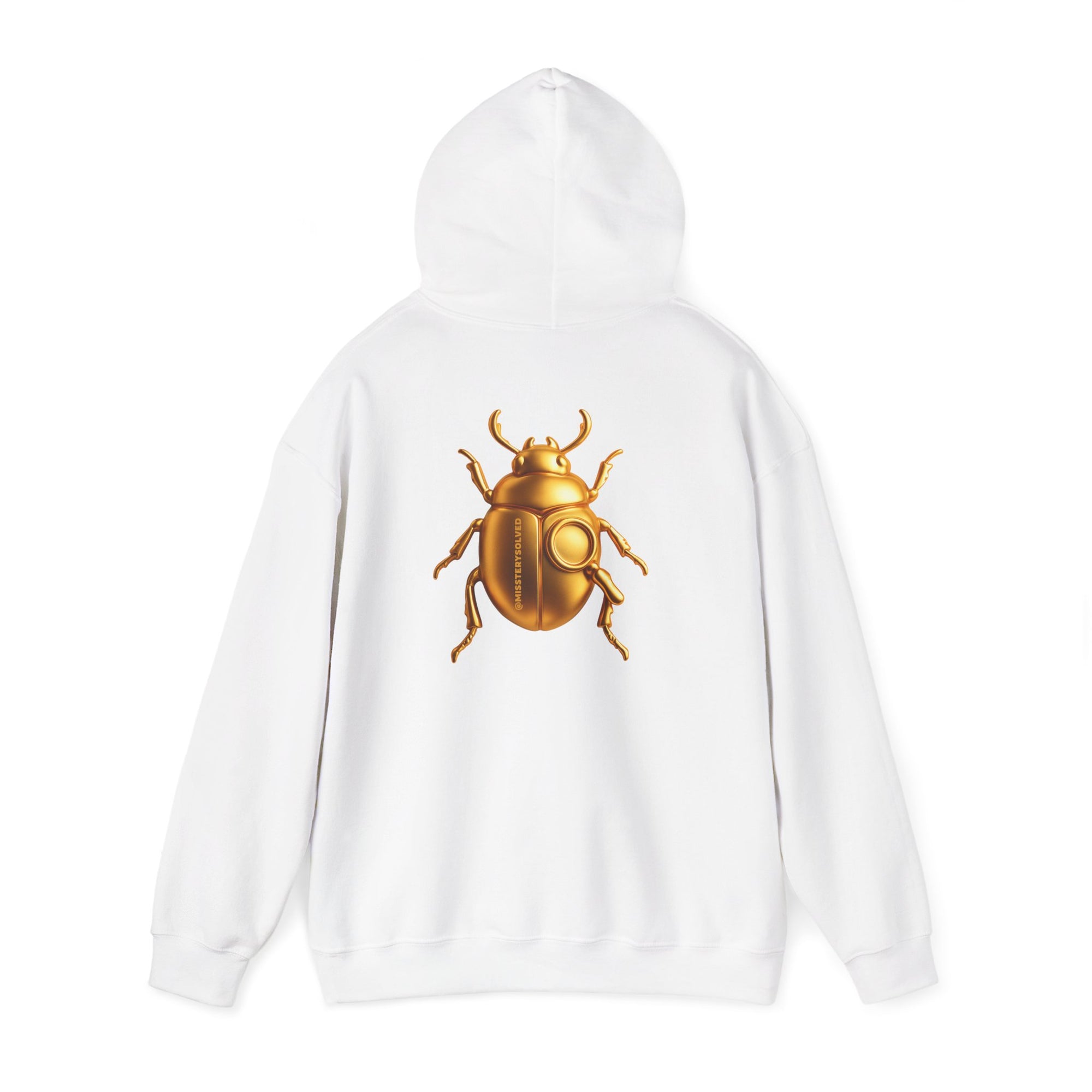 Gold Scarab Beetle Hoodie – Futuristic Steampunk Insect | Unisex Heavy Blend Hooded Sweatshirt Front and Back Graphic
