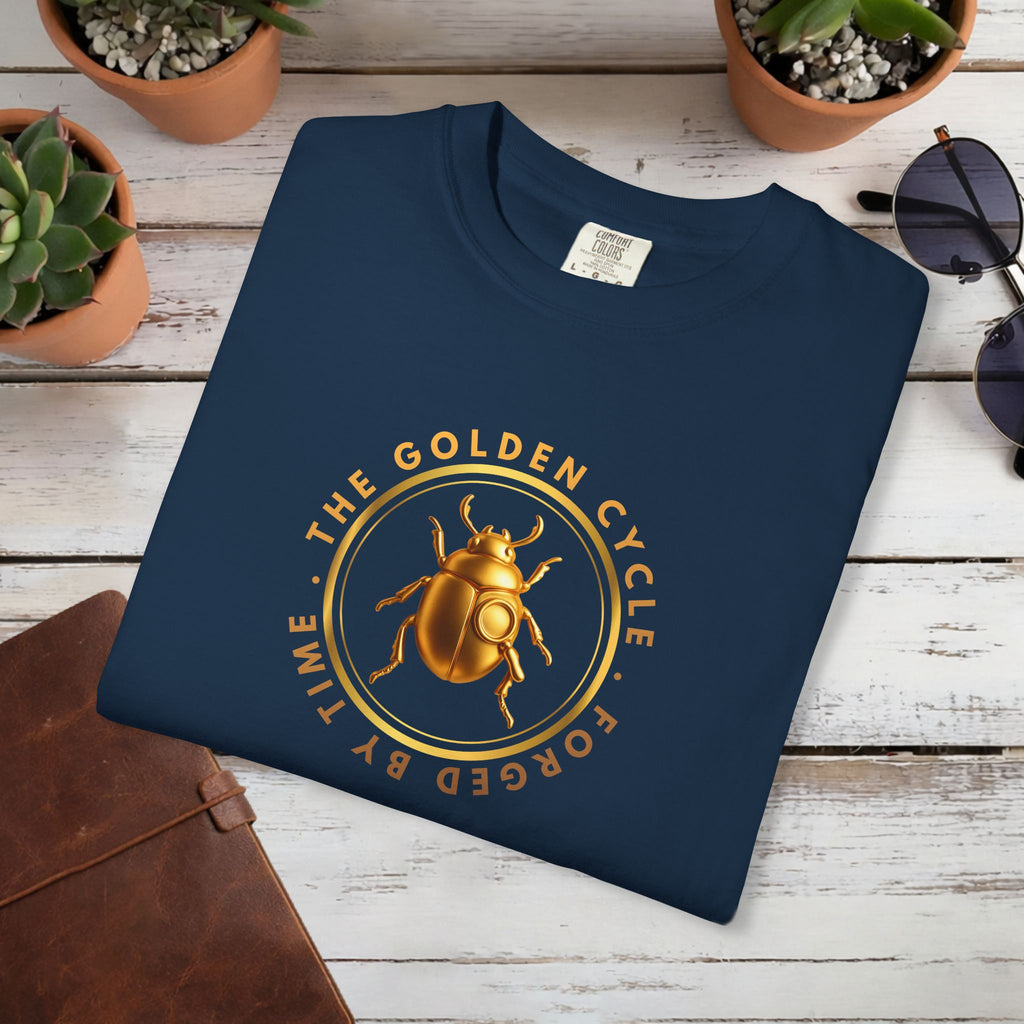 Golden Beetle T Shirt Minimal Emblem | The Golden Cycle Tee | Luxury Scarab Symbol Shirt | Slogan Unisex Graphic T-Shirt