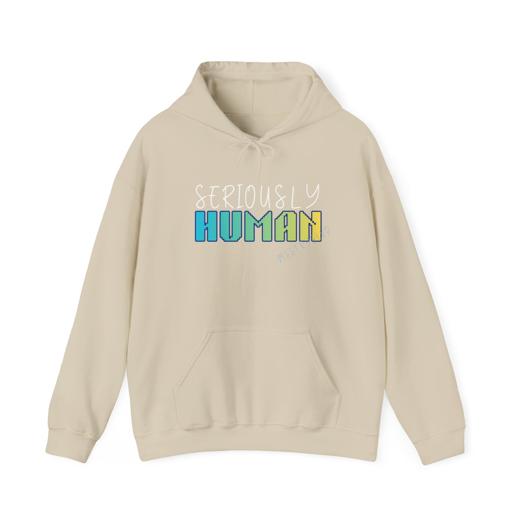 Embroidered 'Seriously Human' Heavy Blend™ Hooded Sweatshirt Quote Retro Pixel
