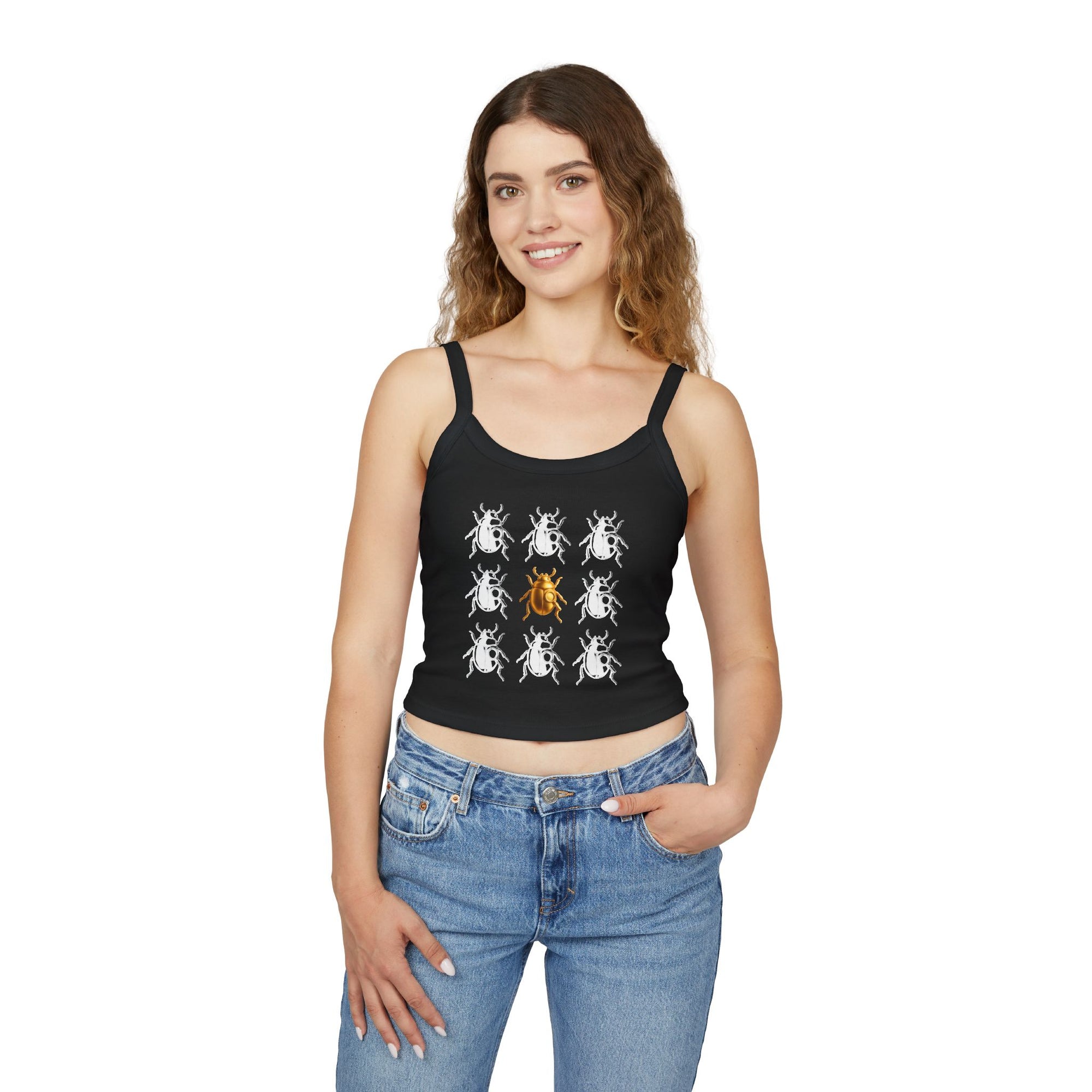 ✨ “ONE BUG RULE THEM ALL” CROP TANK Golden Beetle Edition - Women's Spaghetti Strap Tank Top