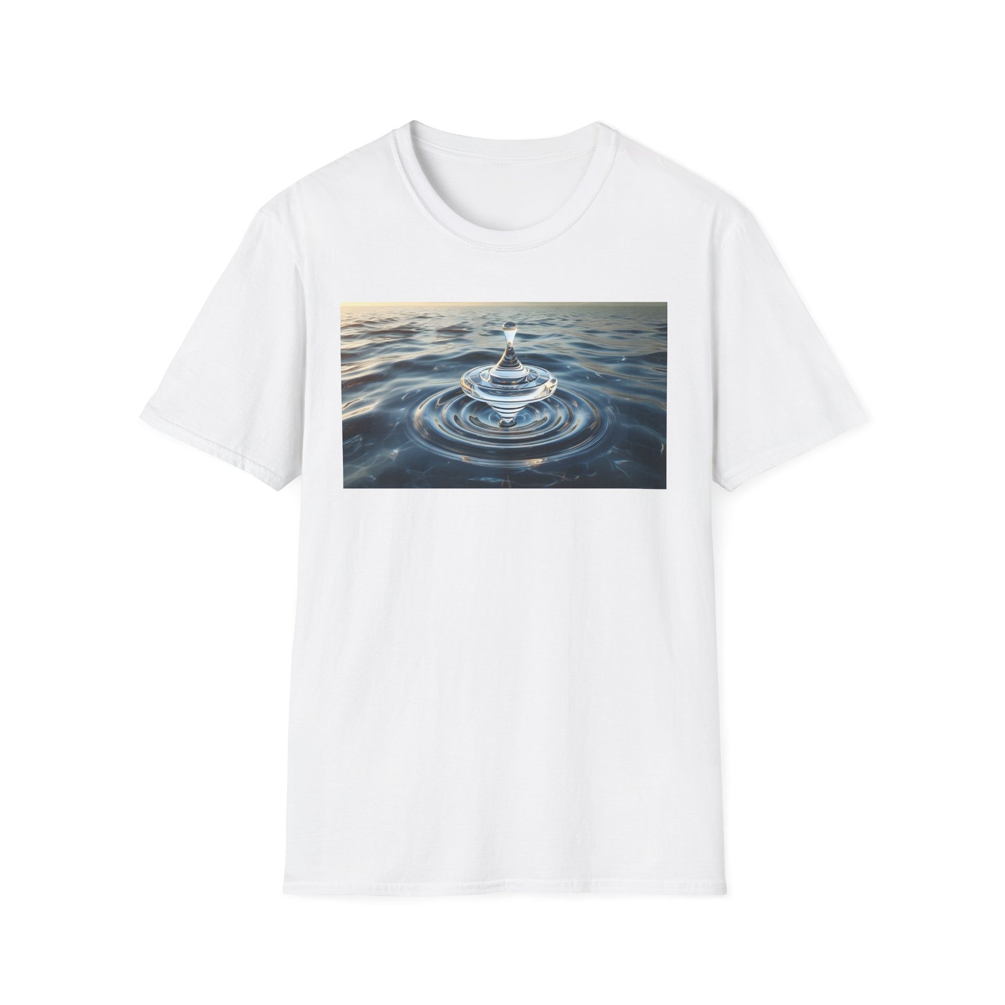Glass Balance T-Shirt – Surreal Spinning Top Over Water | Reflective Zen Aesthetic Tee