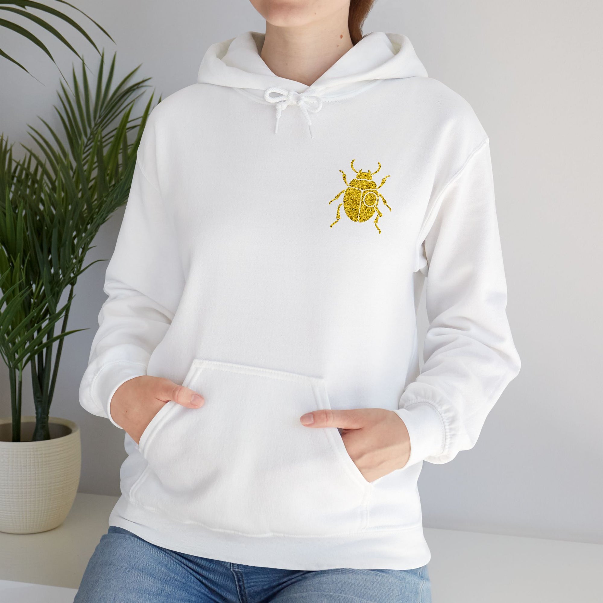 Gold Beetle Embroidered Hoodie – Futuristic Steampunk Insect, Unique Golden Bug Fashion Top | Unisex Heavy Blend Hooded Sweatshirt