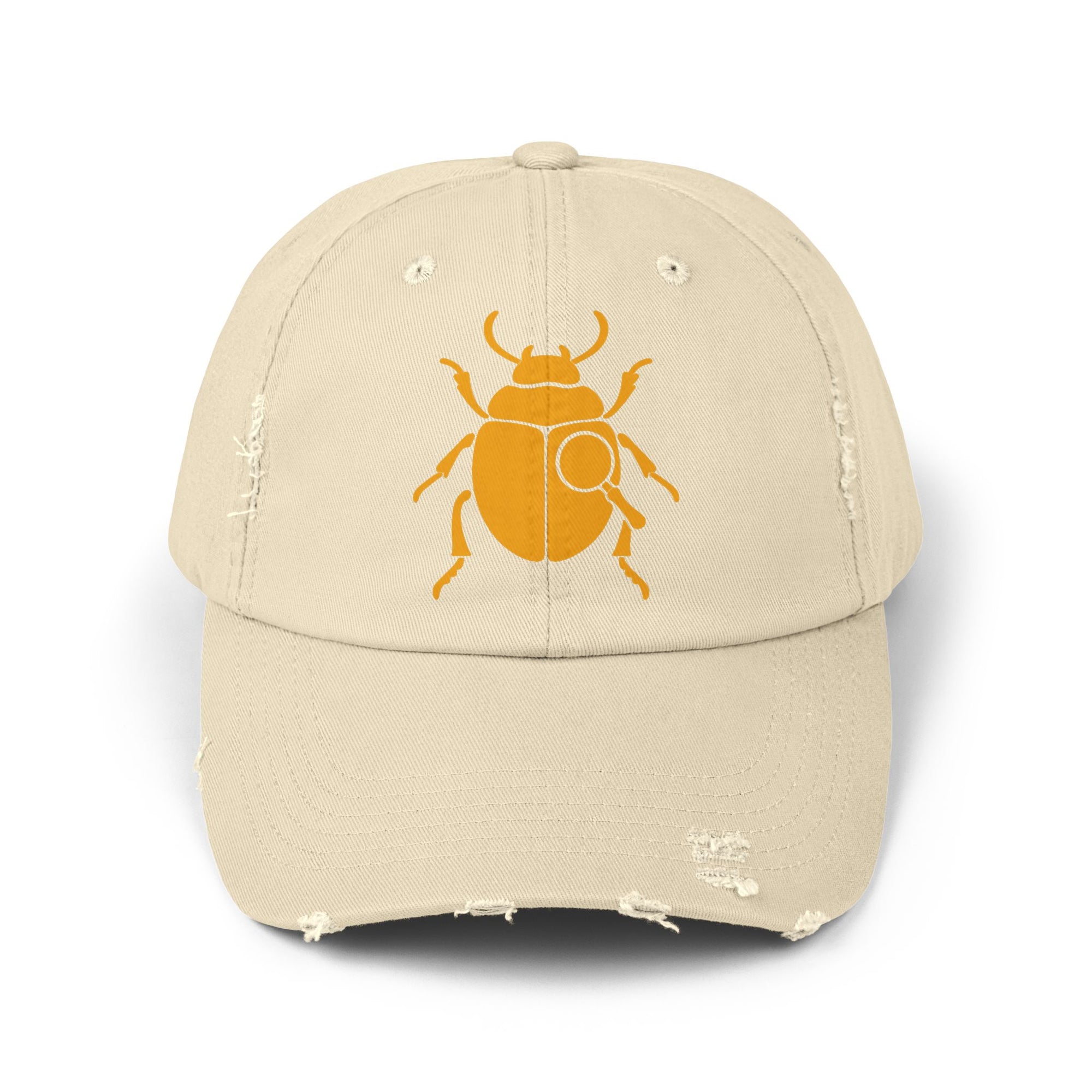 Classic Unisex Distressed Cap with Gold Beetle Embroidery – Retro Bug Design, Cool Streetwear Golden Insect Aesthetic Cap