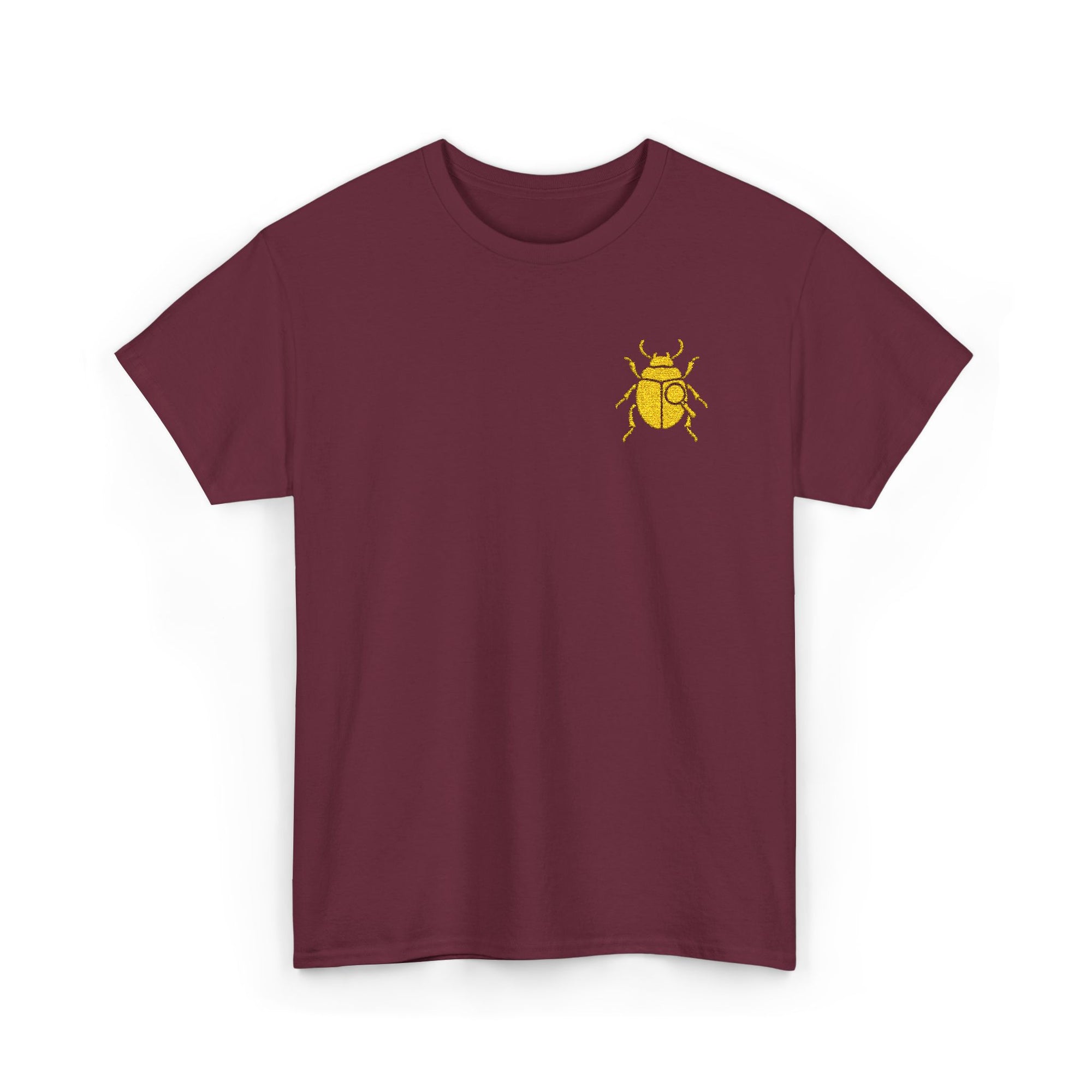 Gold Scarab Beetle Embroidered T-Shirt – Steampunk Insect Design, Unique Golden Bug Cotton Tee for Men & Women