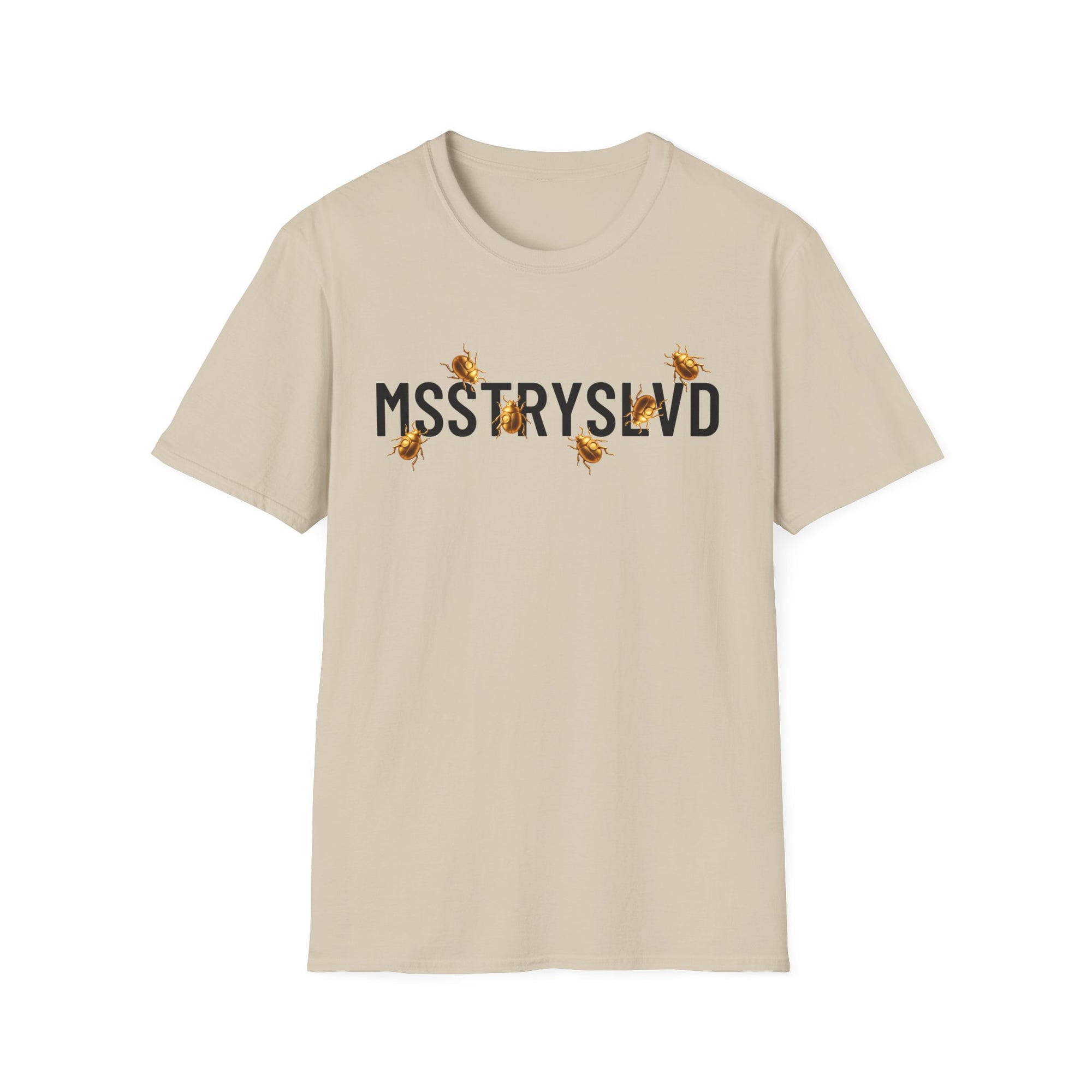 MSSTRYSLVD Golden Beetle T-Shirt – Graphic Tee, Aesthetic Mystery Shirt, Bold Typography Unisex Top, Cryptic Insect Design