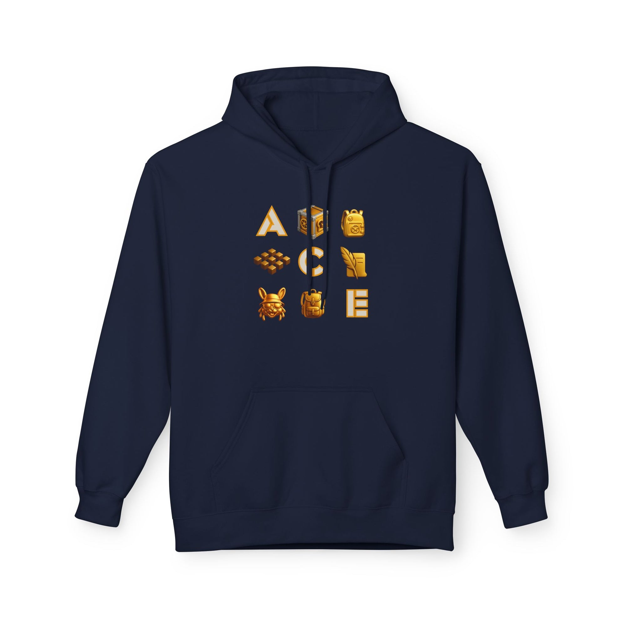 ACE Icon Hoodie – Golden Vault Game Symbols, Retro Gamer Puzzle Graphic Hoodie