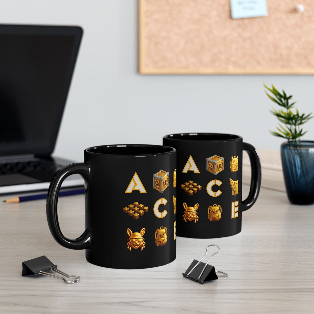 ACE Black Mug Golden Vault Game Symbols, Retro Gamer Puzzle Graphic Coffee Cup