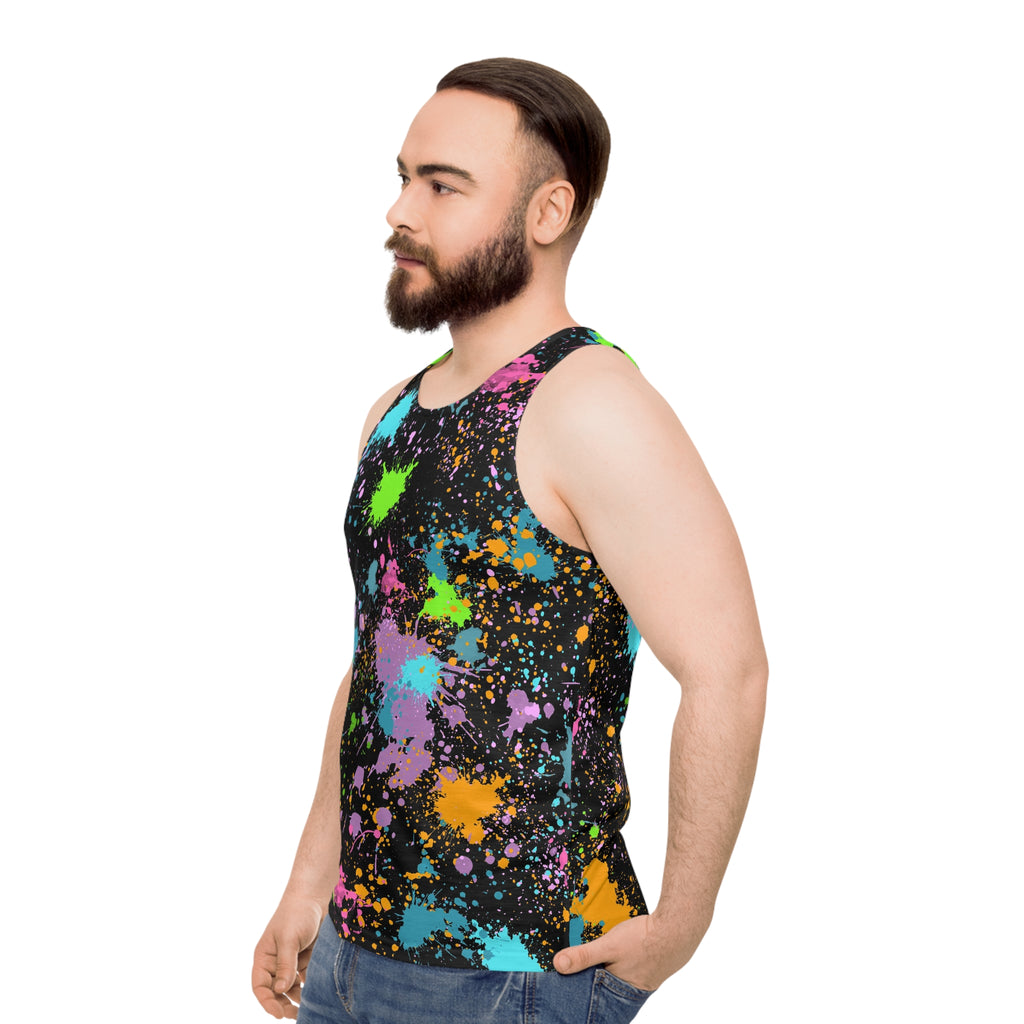 Unisex Tank Top Neon Paint Splatter | Colourful Graphic Top Festival Rave Streetwear