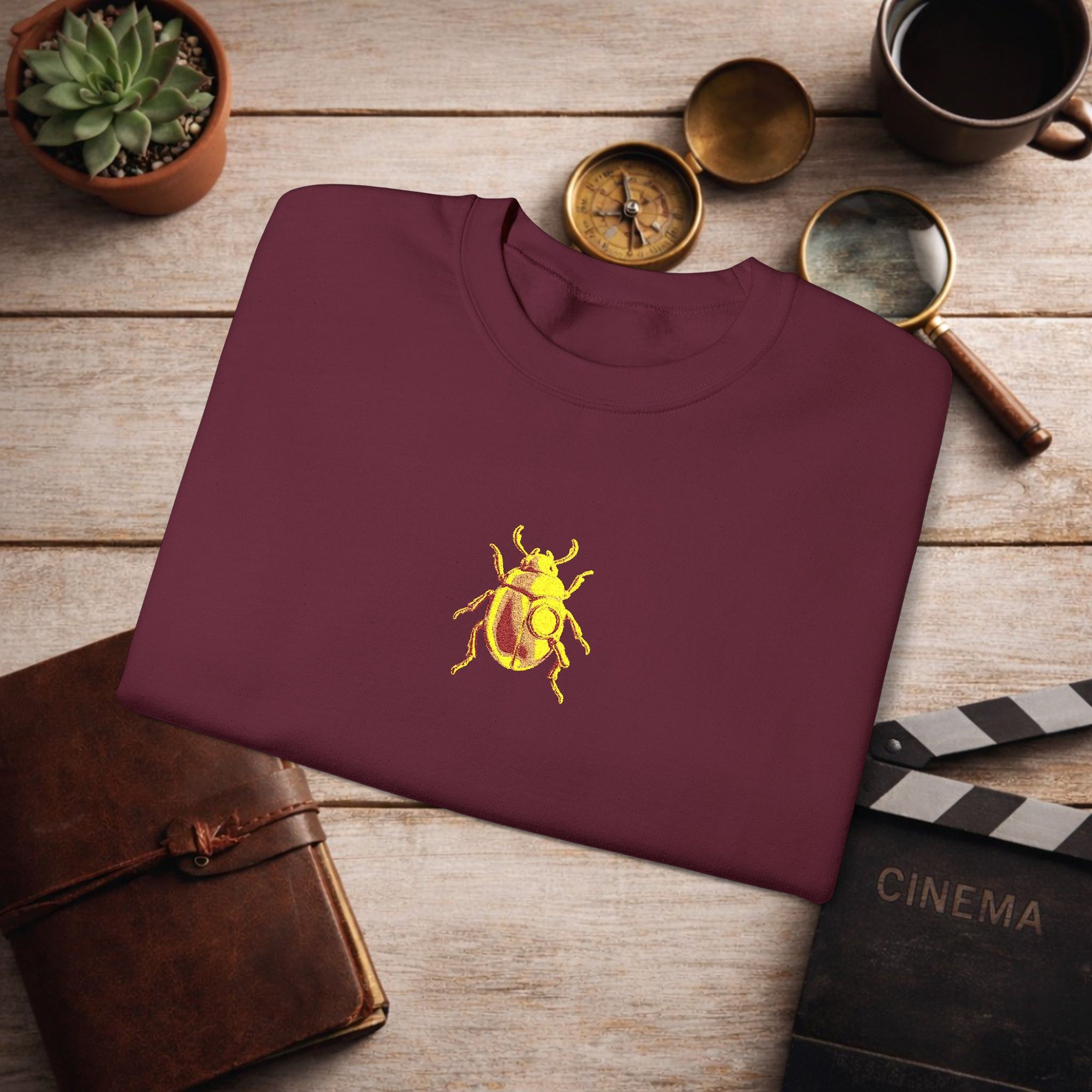 Embroidered Golden Beetle Sweatshirt | Minimal Mystery Insect Design | Unisex Long Sleeve Crewneck | Retro Aesthetic Streetwear