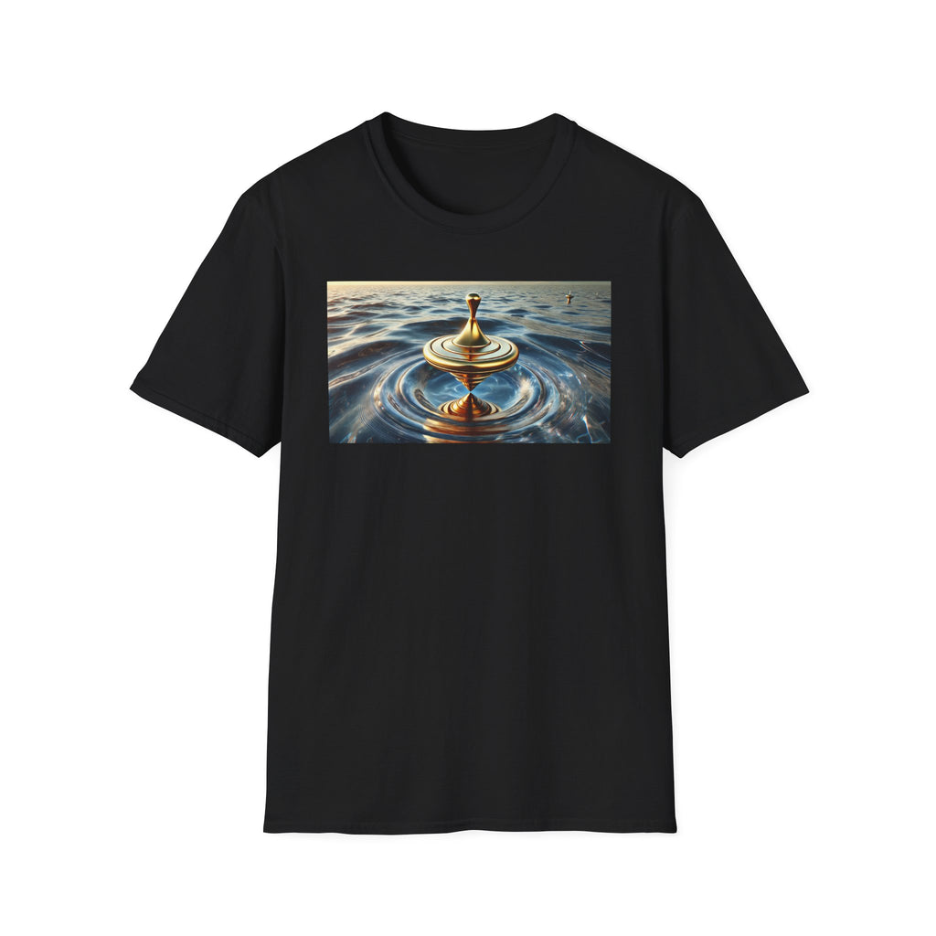 Golden Balance T-Shirt – Surreal Spinning Top Over Water | Reflective Zen Aesthetic Tee