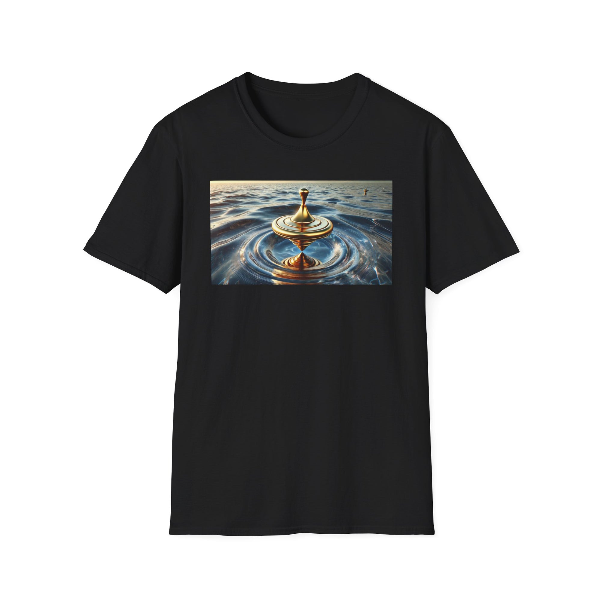 Golden Balance T-Shirt – Surreal Spinning Top Over Water | Reflective Zen Aesthetic Tee