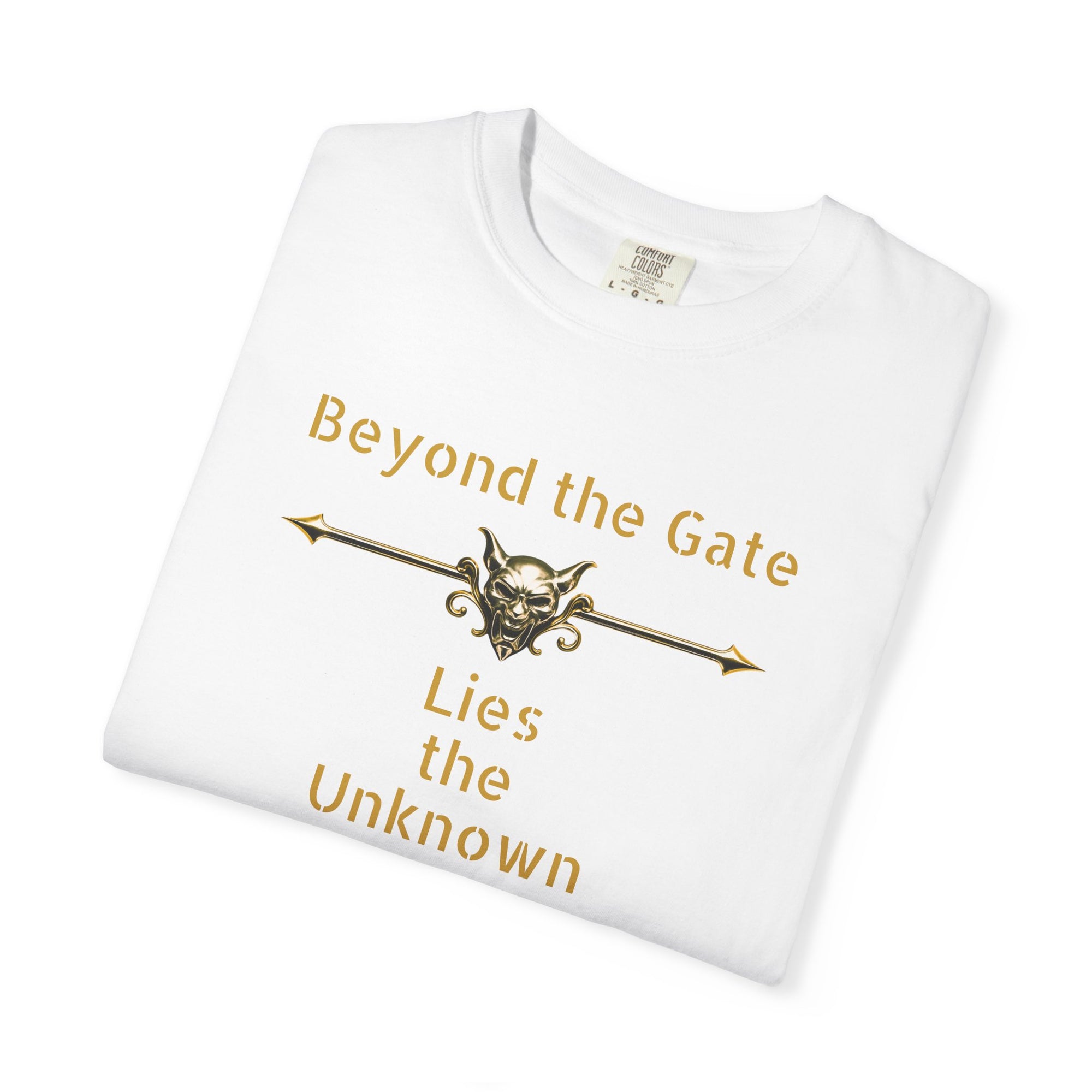 Beyond the Gate Lies the Unknown T-Shirt – MSSTRYSLVD® Gold Vault Edition | Dark Fantasy Streetwear for Fearless Players