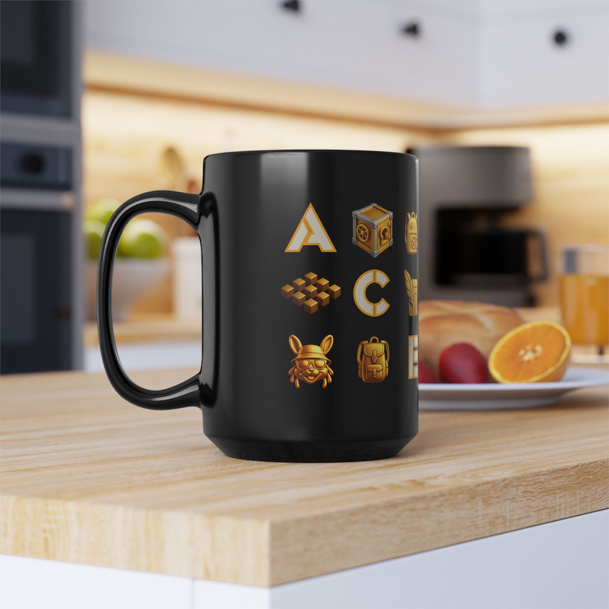 ACE Black Mug Golden Vault Game Symbols, Retro Gamer Puzzle Graphic Coffee Cup