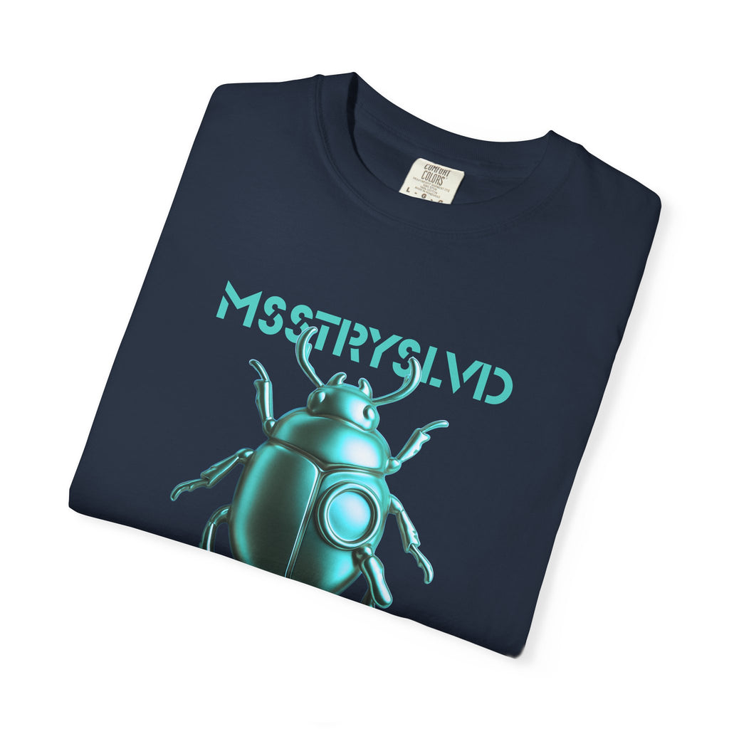 Cyber Beetle Graphic T-Shirt – Futuristic Insect Streetwear Tee, Neon Blue Bug Design Techwear Top For Men & Women
