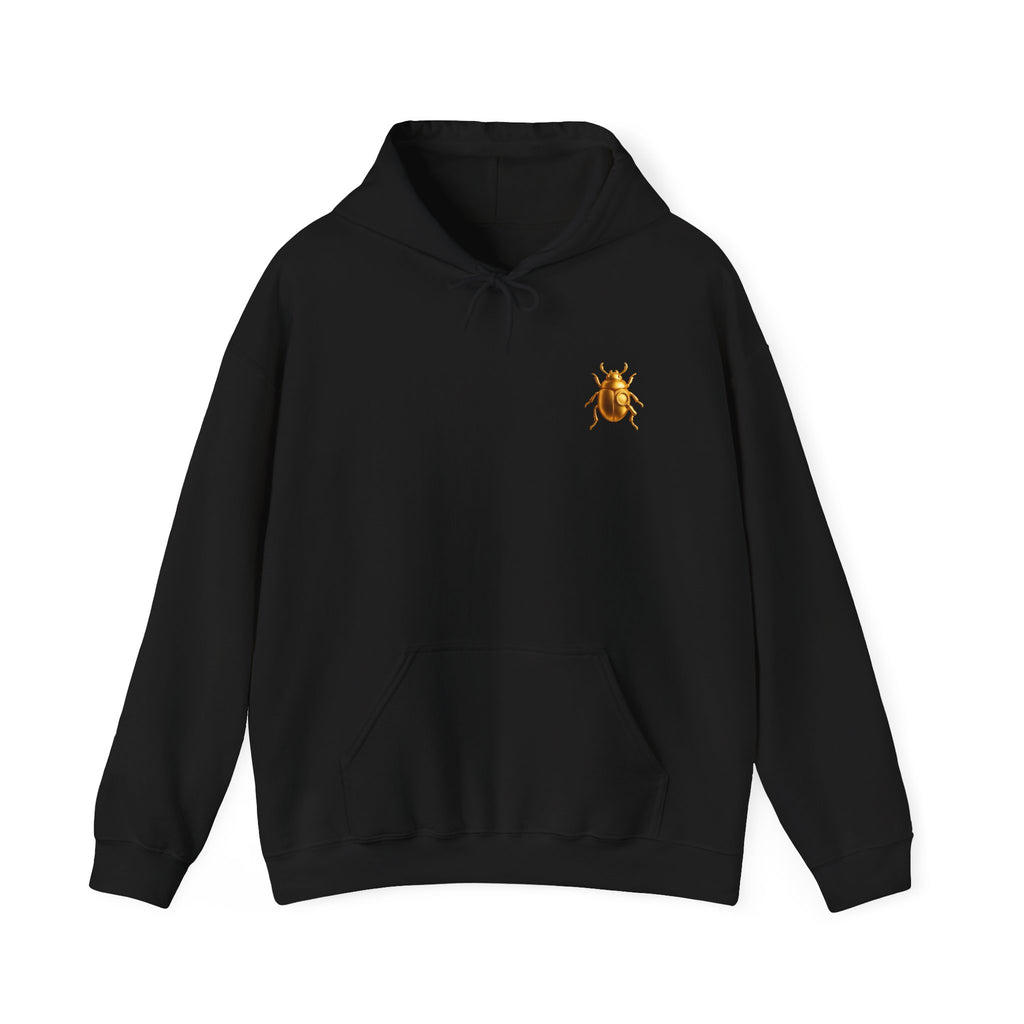 Gold Scarab Beetle Hoodie – Futuristic Steampunk Insect | Unisex Heavy Blend Hooded Sweatshirt Front and Back Graphic