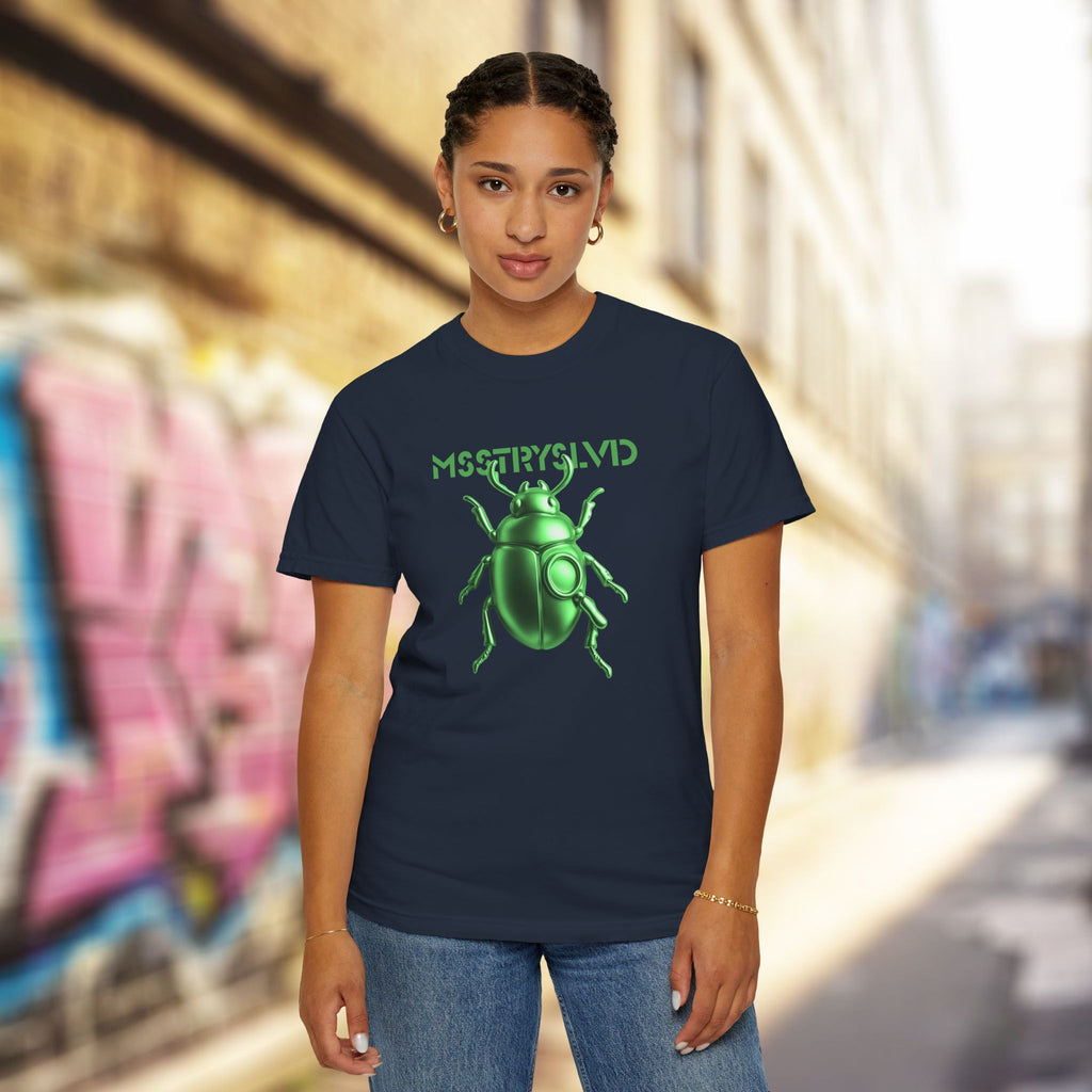 Cyber Beetle Graphic T-Shirt – Futuristic Insect Streetwear Tee, Neon Emerald Green Bug Design Techwear Top For Men & Women