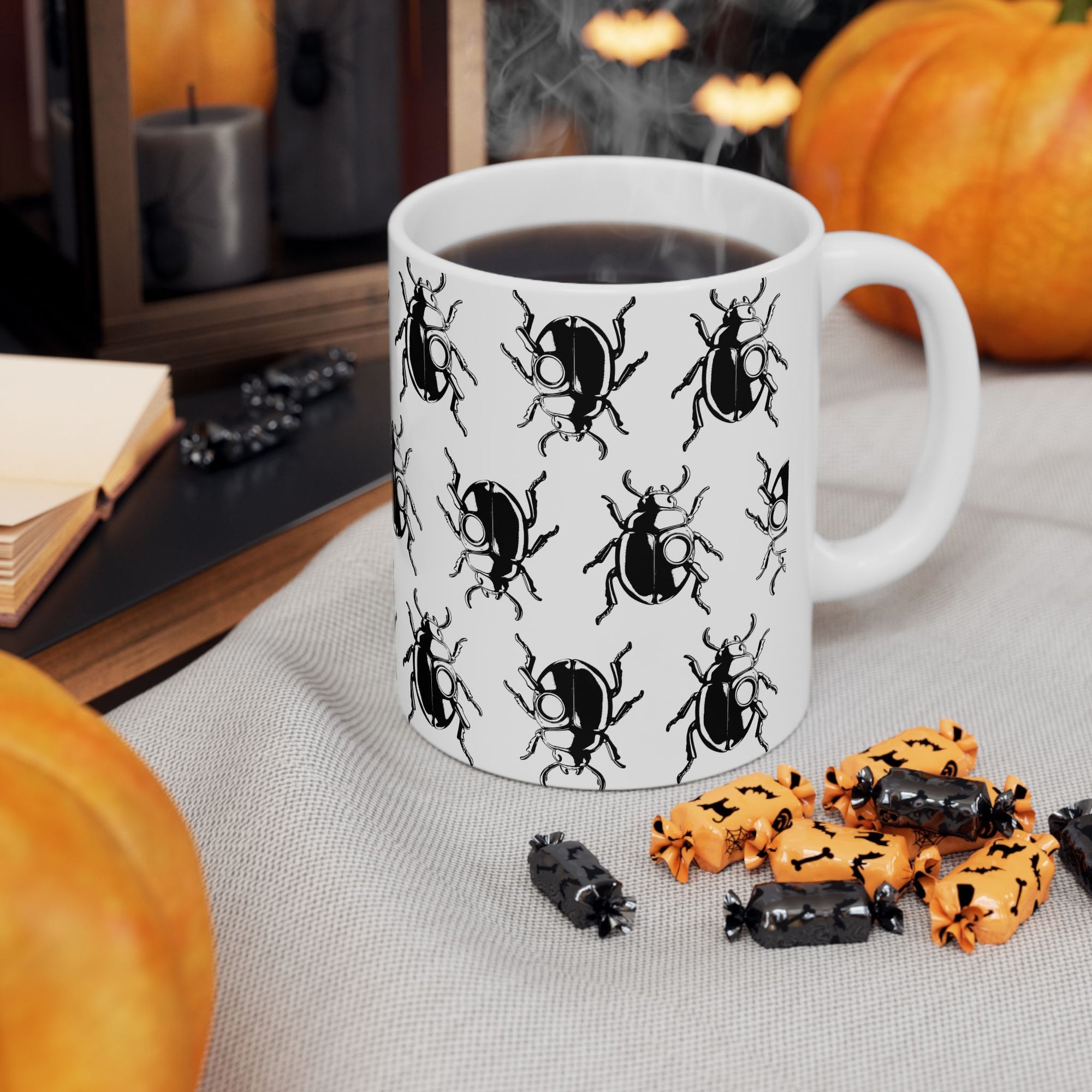 MSSTRYSLVD Scarab Pattern Mug – 11oz Ceramic Cup for Mystery Lovers, Timeline Travelers & Aesthetic Drinkware Collectors