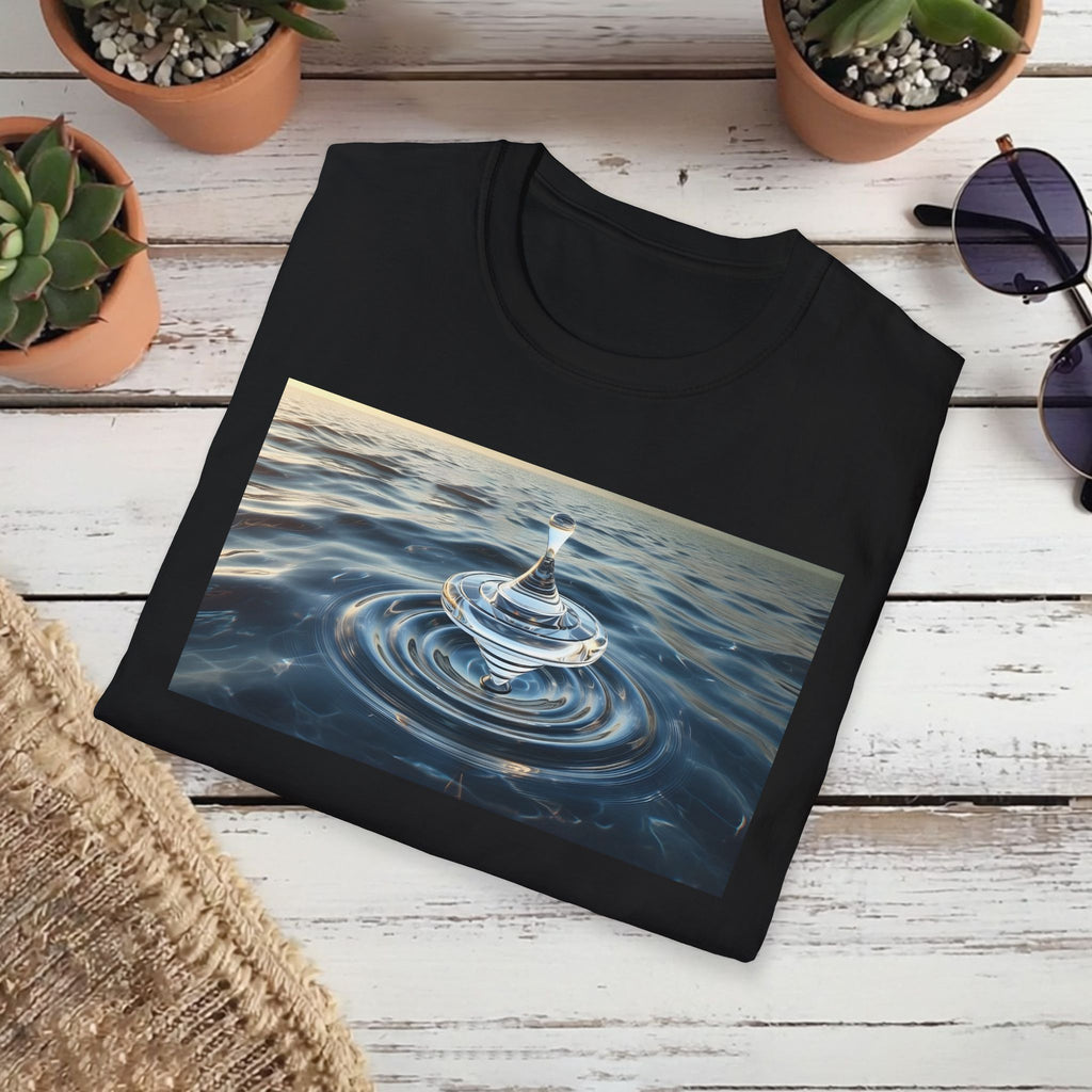 Glass Balance T-Shirt – Surreal Spinning Top Over Water | Reflective Zen Aesthetic Tee