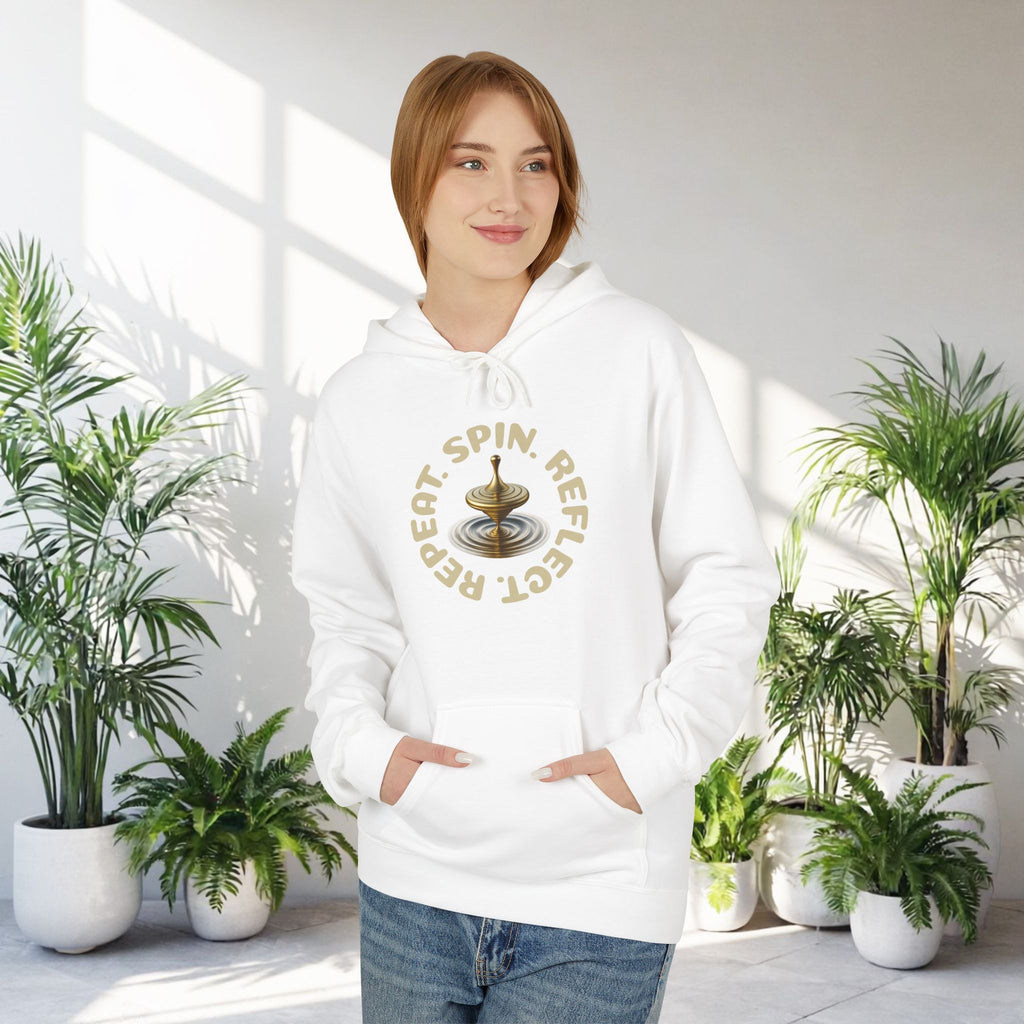 SPIN. REFLECT. REPEAT. Hoodie – Mindful Motivation Streetwear | Gold Spinning Top Design