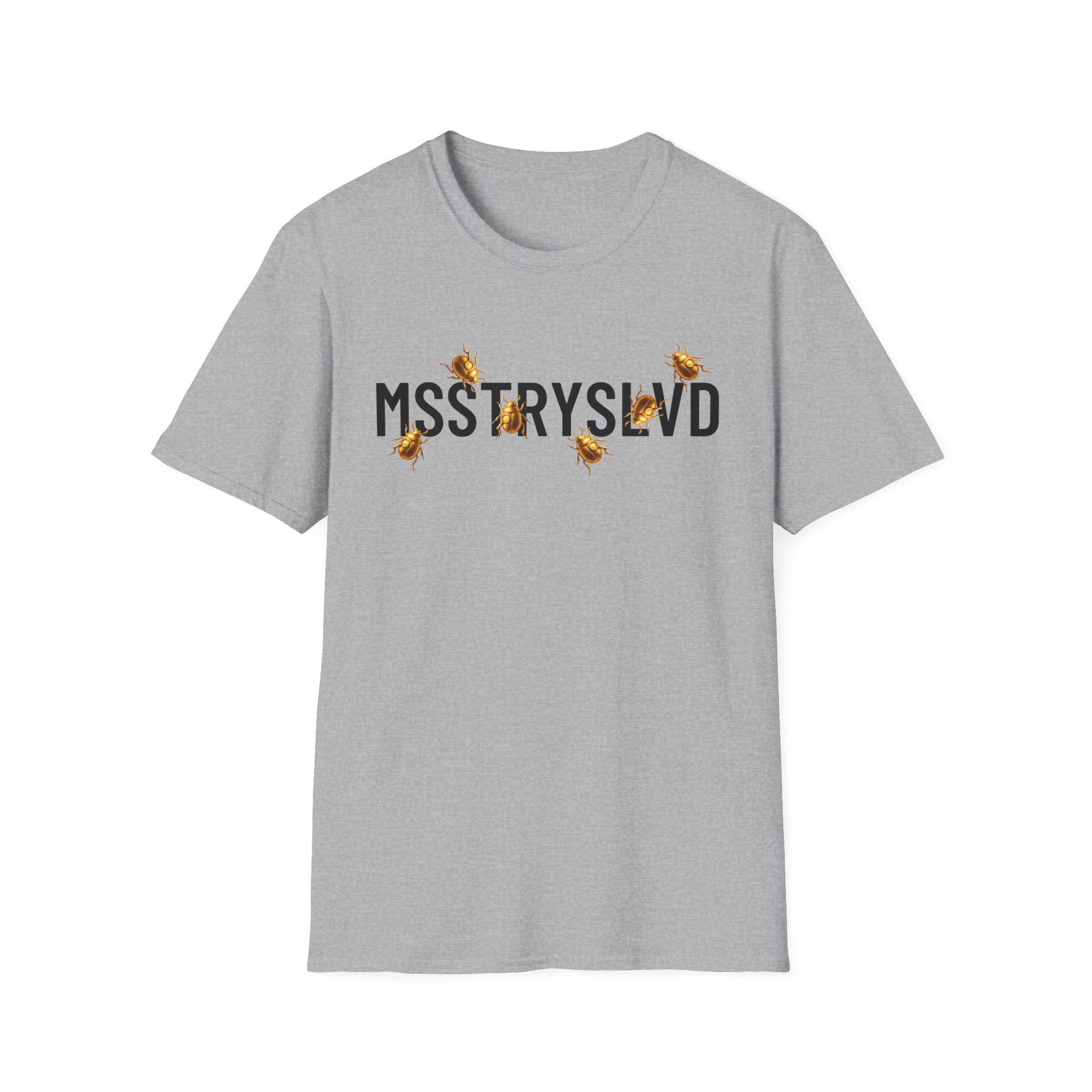 MSSTRYSLVD Golden Beetle T-Shirt – Graphic Tee, Aesthetic Mystery Shirt, Bold Typography Unisex Top, Cryptic Insect Design