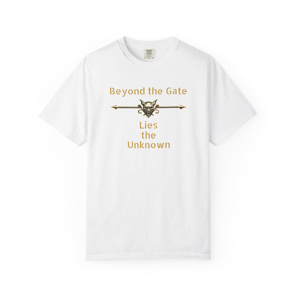 Beyond the Gate Lies the Unknown T-Shirt – MSSTRYSLVD® Gold Vault Edition | Dark Fantasy Streetwear for Fearless Players