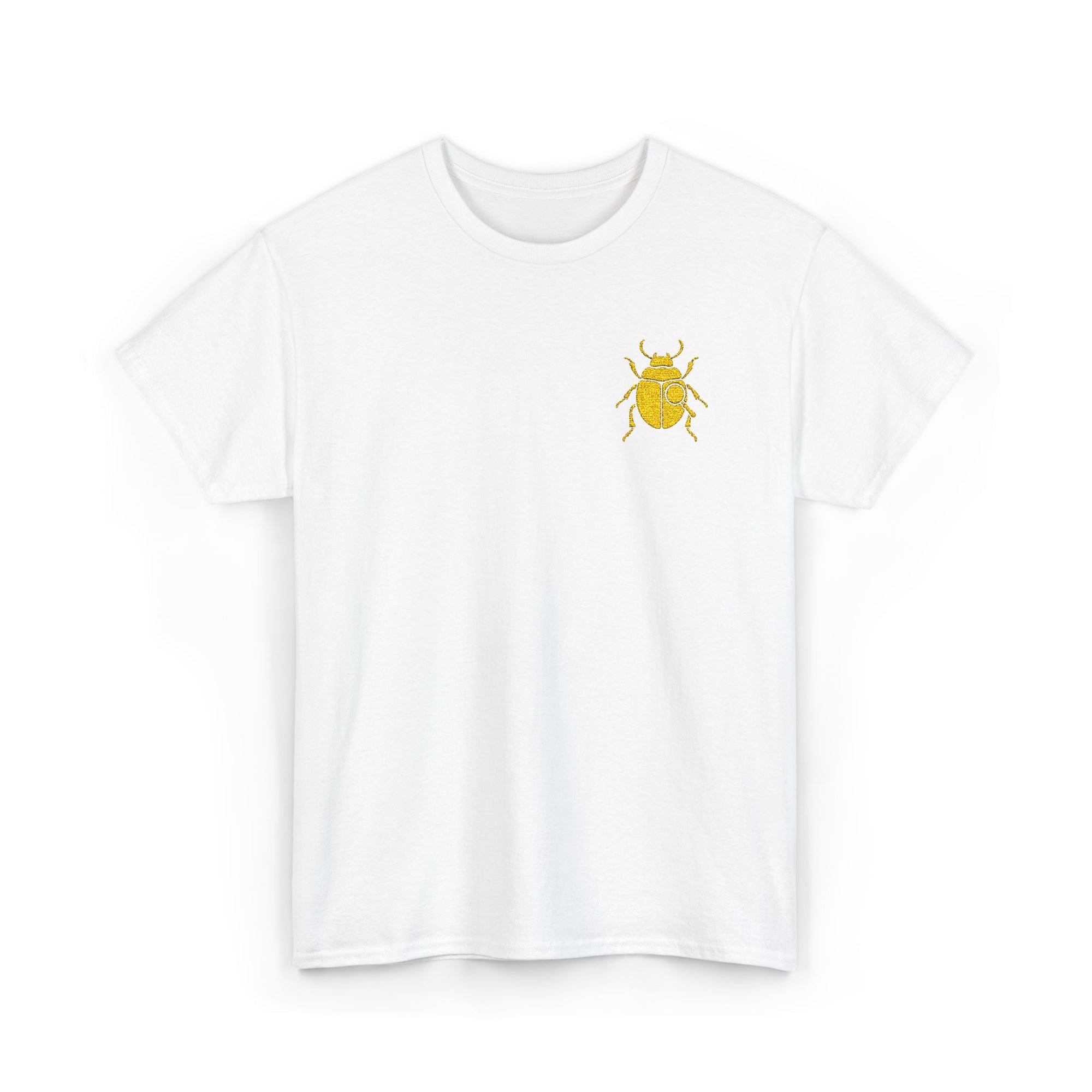 Gold Scarab Beetle Embroidered T-Shirt – Steampunk Insect Design, Unique Golden Bug Cotton Tee for Men & Women
