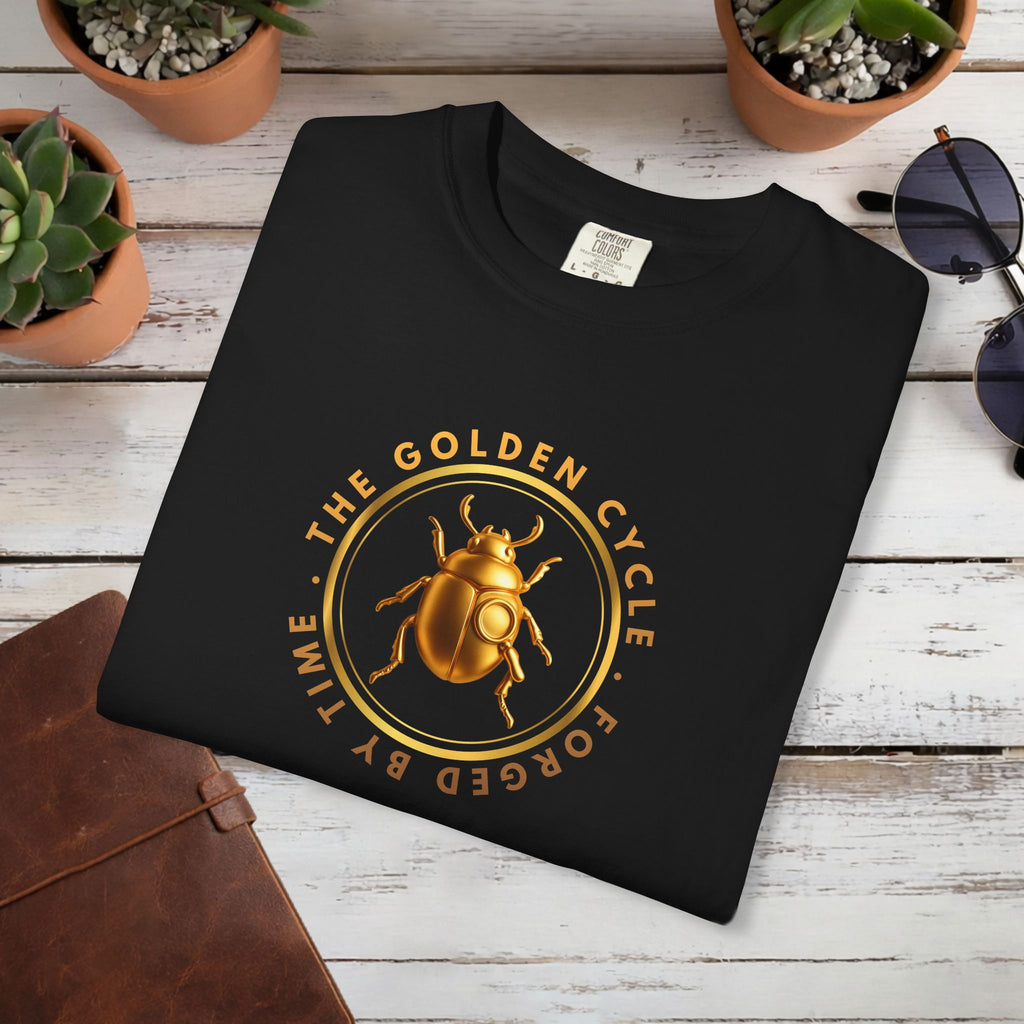 Golden Beetle T Shirt Minimal Emblem | The Golden Cycle Tee | Luxury Scarab Symbol Shirt | Slogan Unisex Graphic T-Shirt